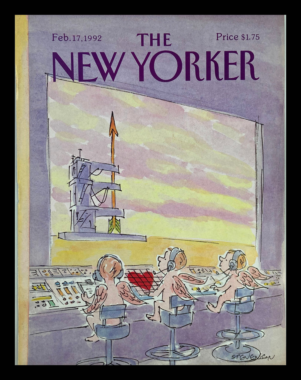 Cover art of The New Yorker February 17 1992 titled 'Cupid Arrow Tower' by James Stevenson, featuring cartoon cherubs at a control panel looking out at a tower with an arrow against a colorful sky.
