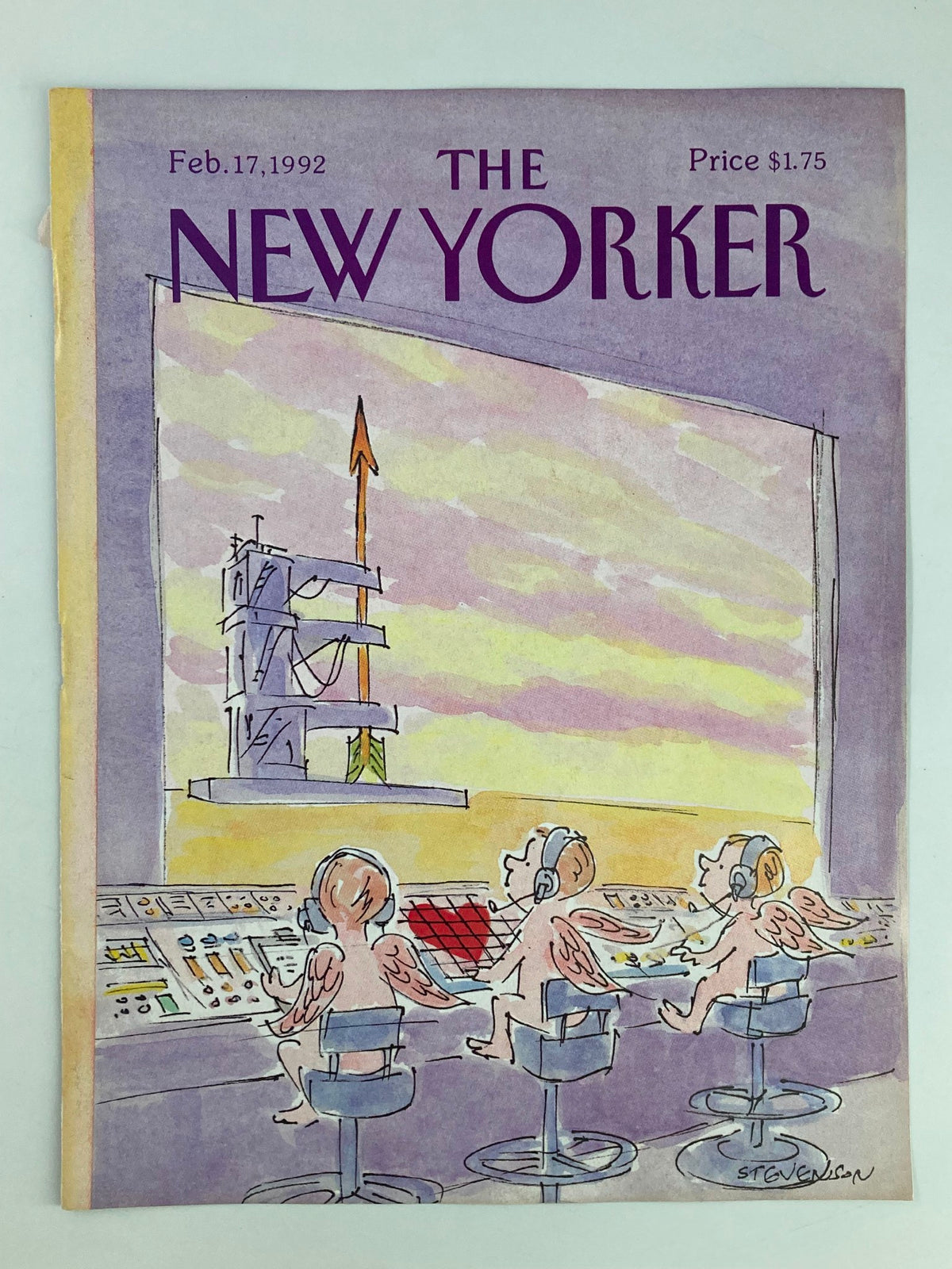 Cover art of The New Yorker February 17 1992 titled 'Cupid Arrow Tower' by James Stevenson, depicting whimsical cherubs sitting at a console, observing a tower with an arrow under a pastel sky.