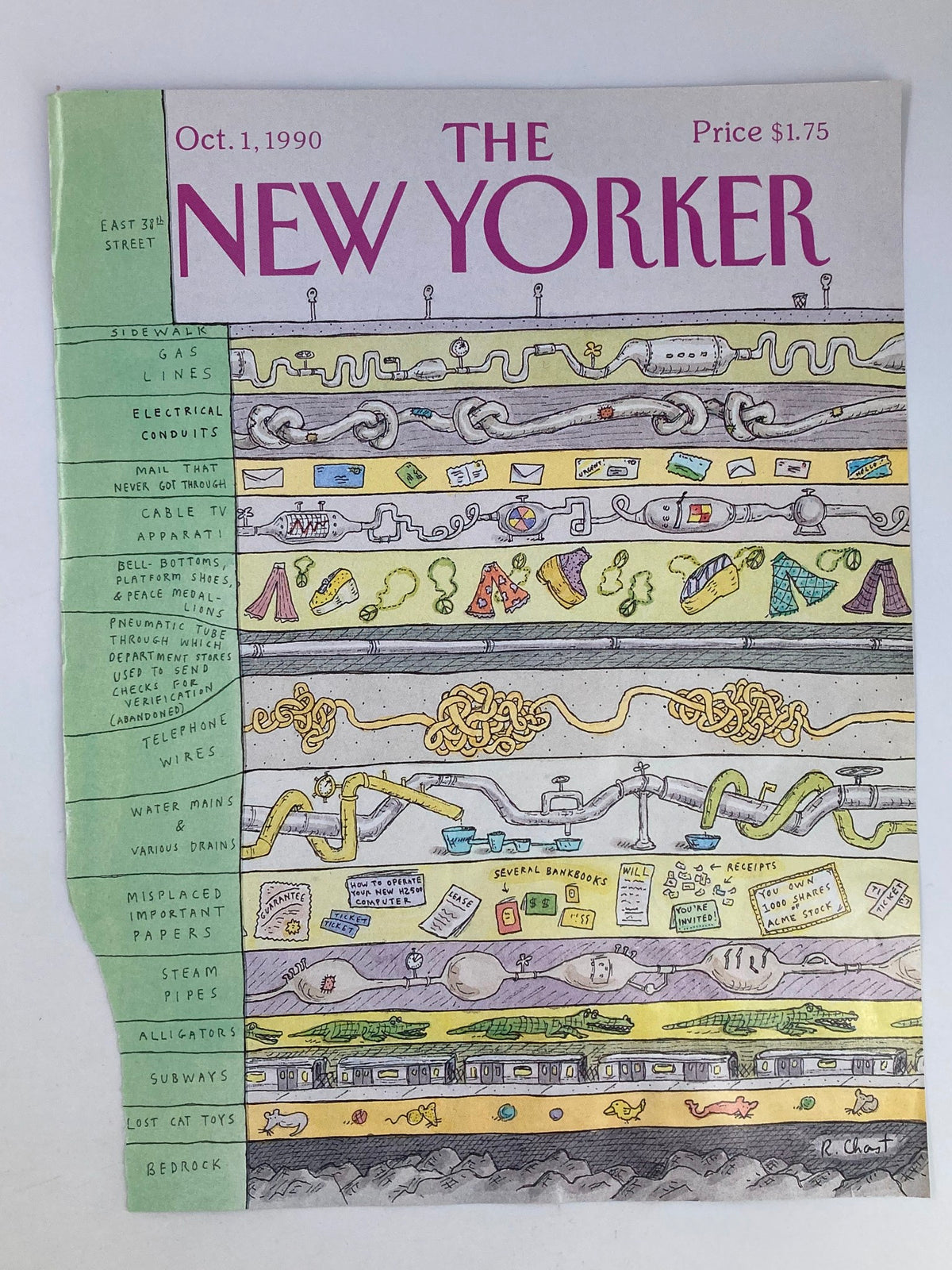 Cover of The New Yorker, October 1, 1990 titled 'East 38th Street' by Roz Chast, featuring a colorful illustration depicting the layers of life beneath the streets of New York City, highlighting various elements like subways and misplaced important papers.