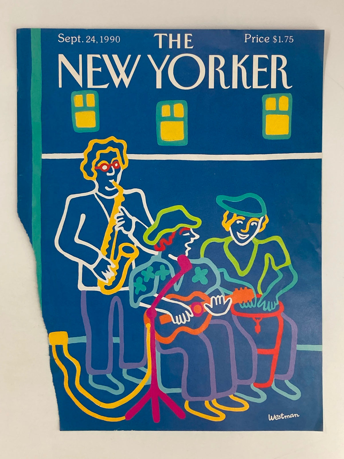 COVER ONLY The New Yorker September 24 1990 by Barbara Westman, displaying three musicians in a bold, graphic style with a ripped edge, emphasizing the artistic quality.