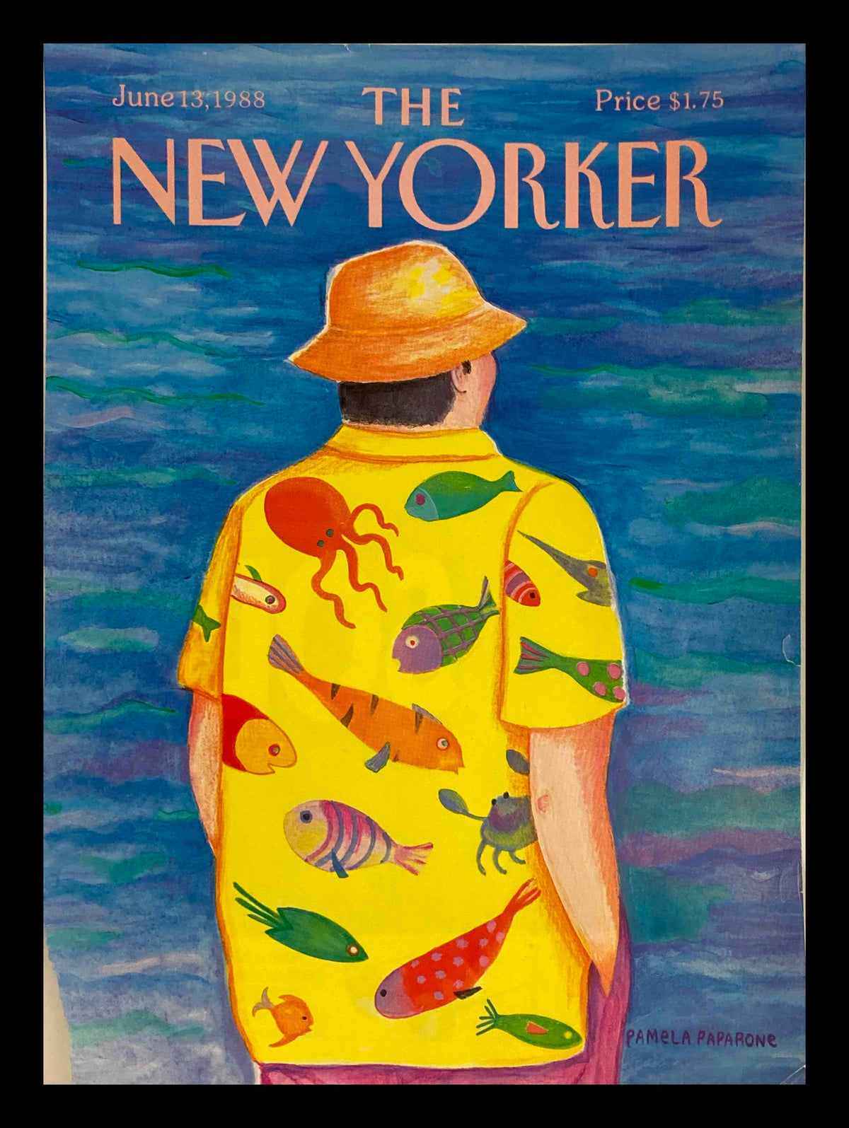 The New Yorker June 13 1988 cover featuring a man wearing a yellow shirt adorned with colorful fish illustrations and a straw hat, set against a vibrant blue ocean background.