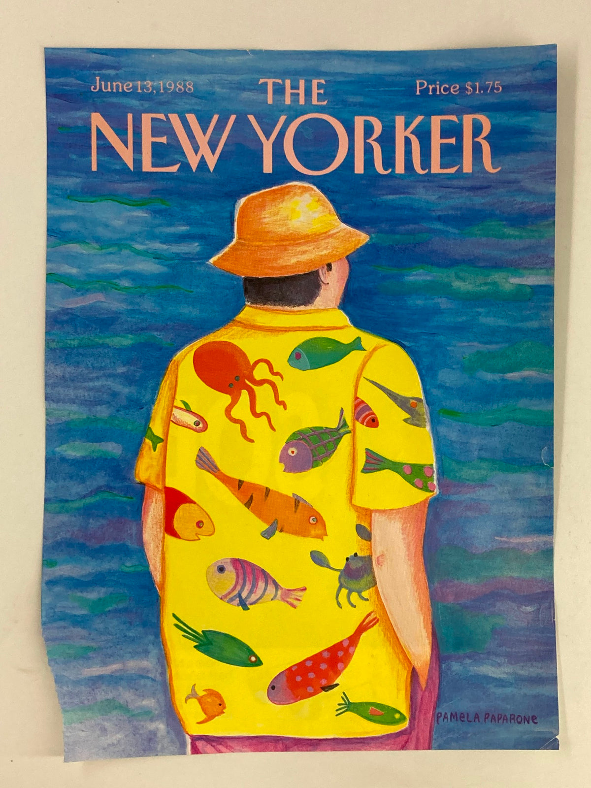 The New Yorker June 13 1988 cover art displaying a man in a fish-themed yellow shirt with a straw hat, illustrated by Pamela Paparone, in a scenic seaside setting.