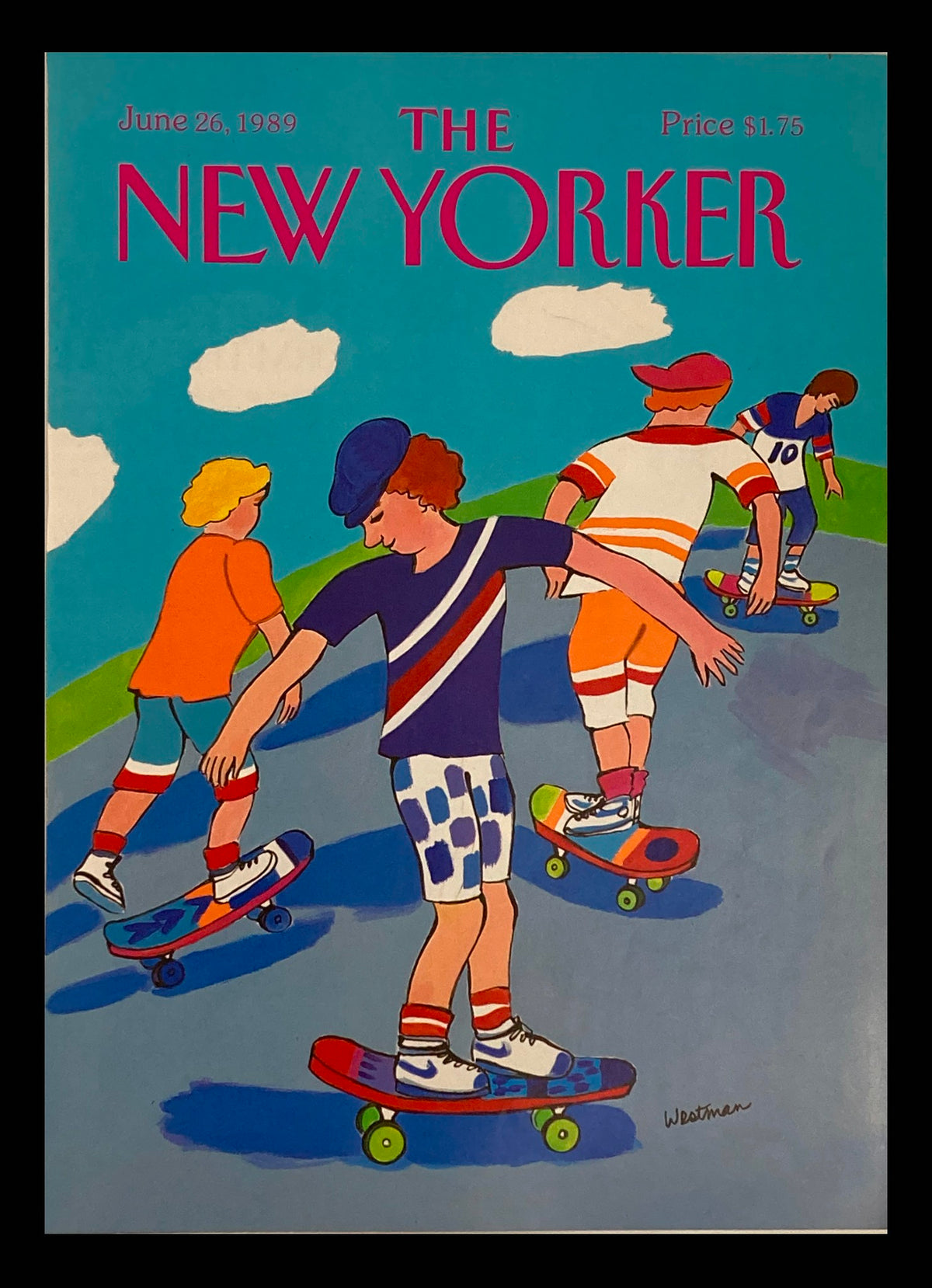 Cover of The New Yorker dated June 26, 1989, illustrated by Barbara Westman, featuring a lively scene of children skateboarding in vibrant colors against a bright blue sky with clouds.