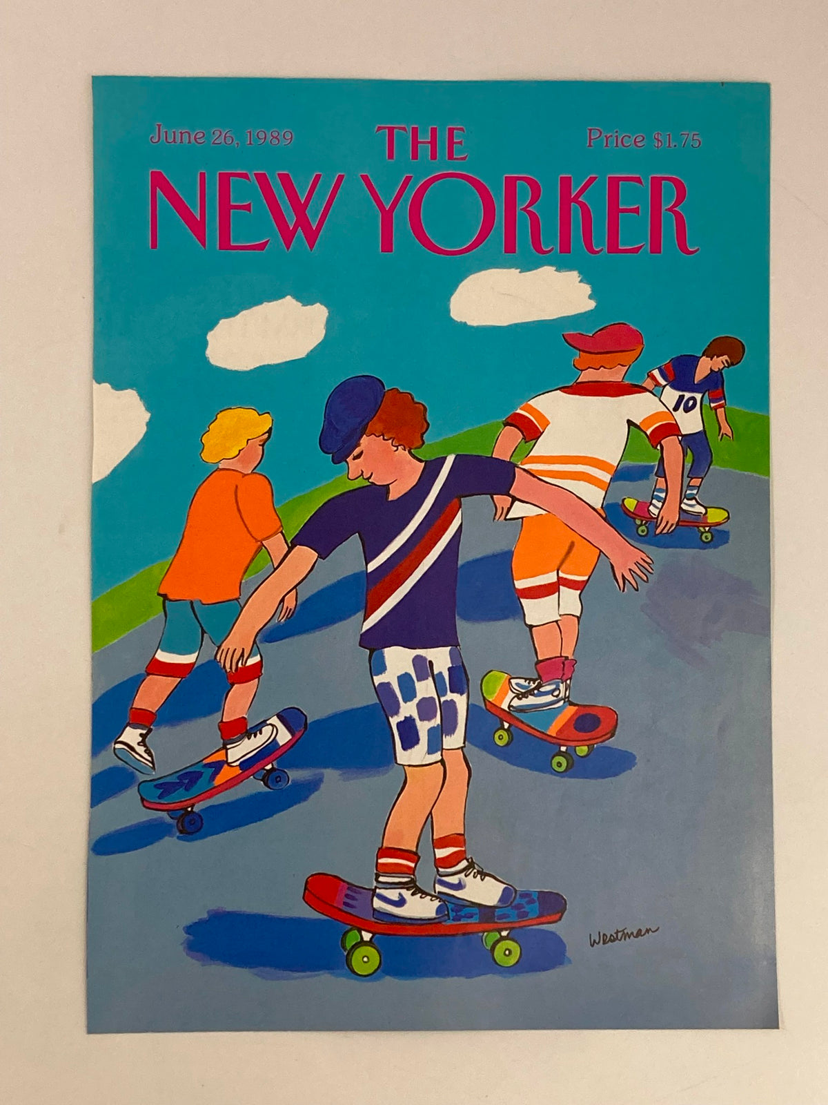 The New Yorker magazine cover from June 26, 1989, created by Barbara Westman, depicting a fun group of children skating on colorful skateboards, showcasing the carefree spirit of summer.