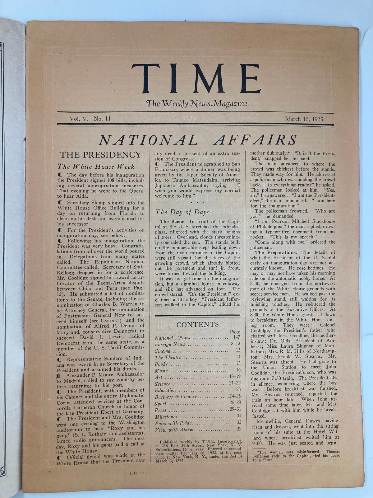 Inside page of VTG Time Magazine March 16 1925 Vol. V No. 11 displaying the National Affairs section.