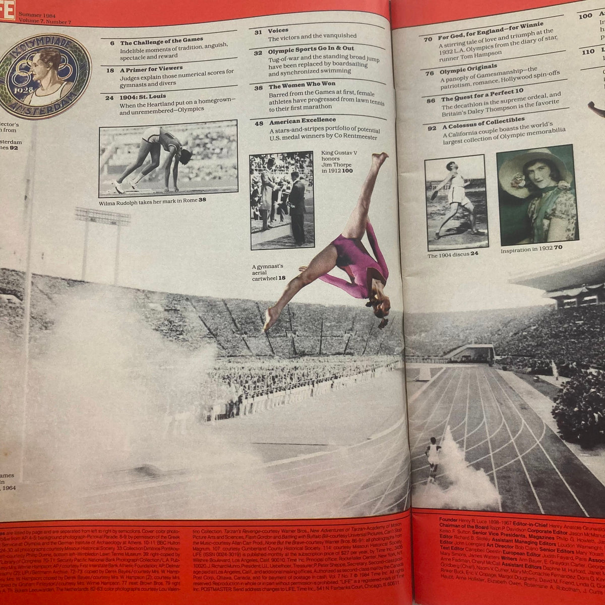 Inside page of Life Magazine Summer 1984 Vol 7 No. 7 showcasing articles about the Olympic Games, with images of athletes and historical context about the 1984 Olympics.