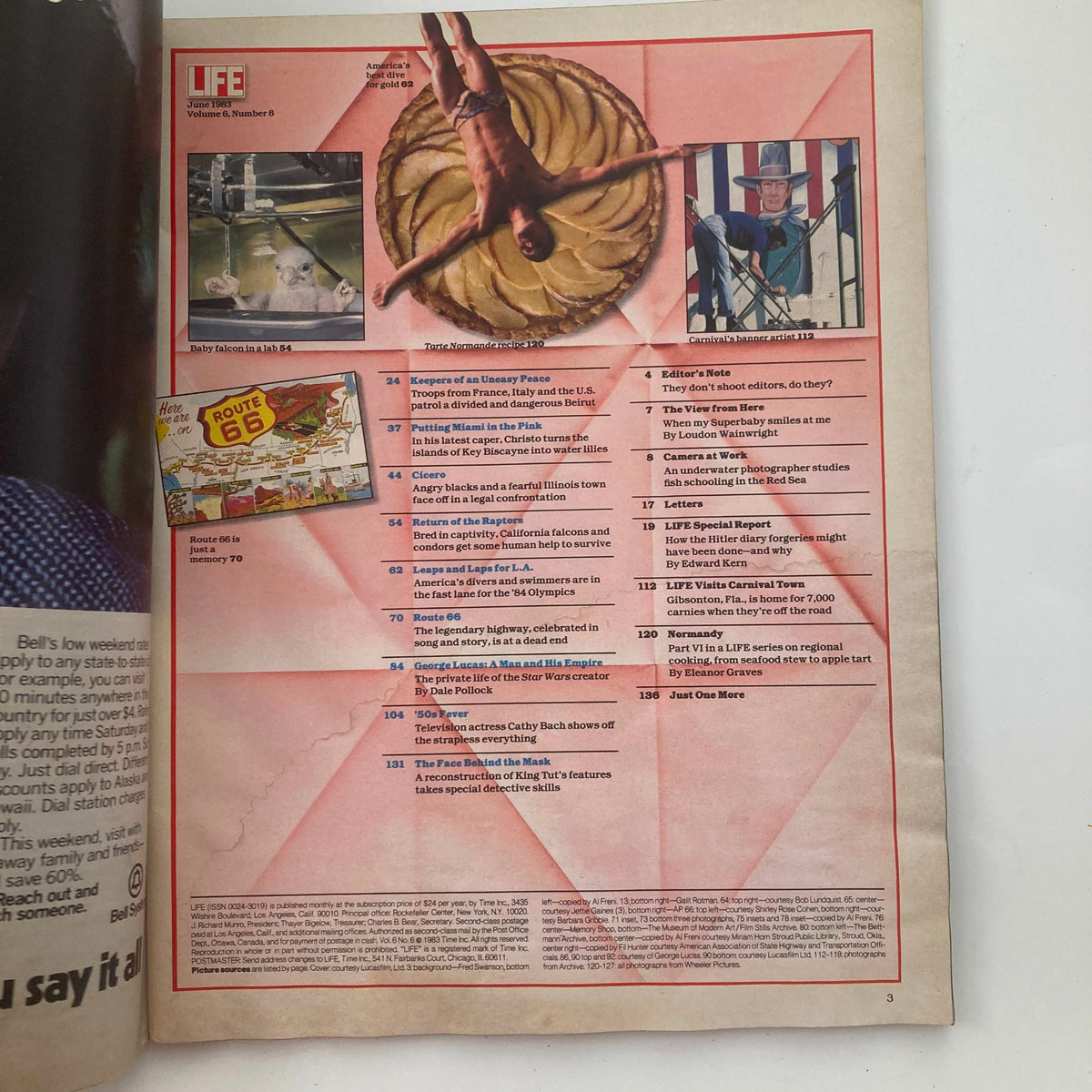 Interior page of VTG Life Magazine June 1983 Vol 6 No. 6 displaying the table of contents and articles, including a feature on George Lucas and wildlife.