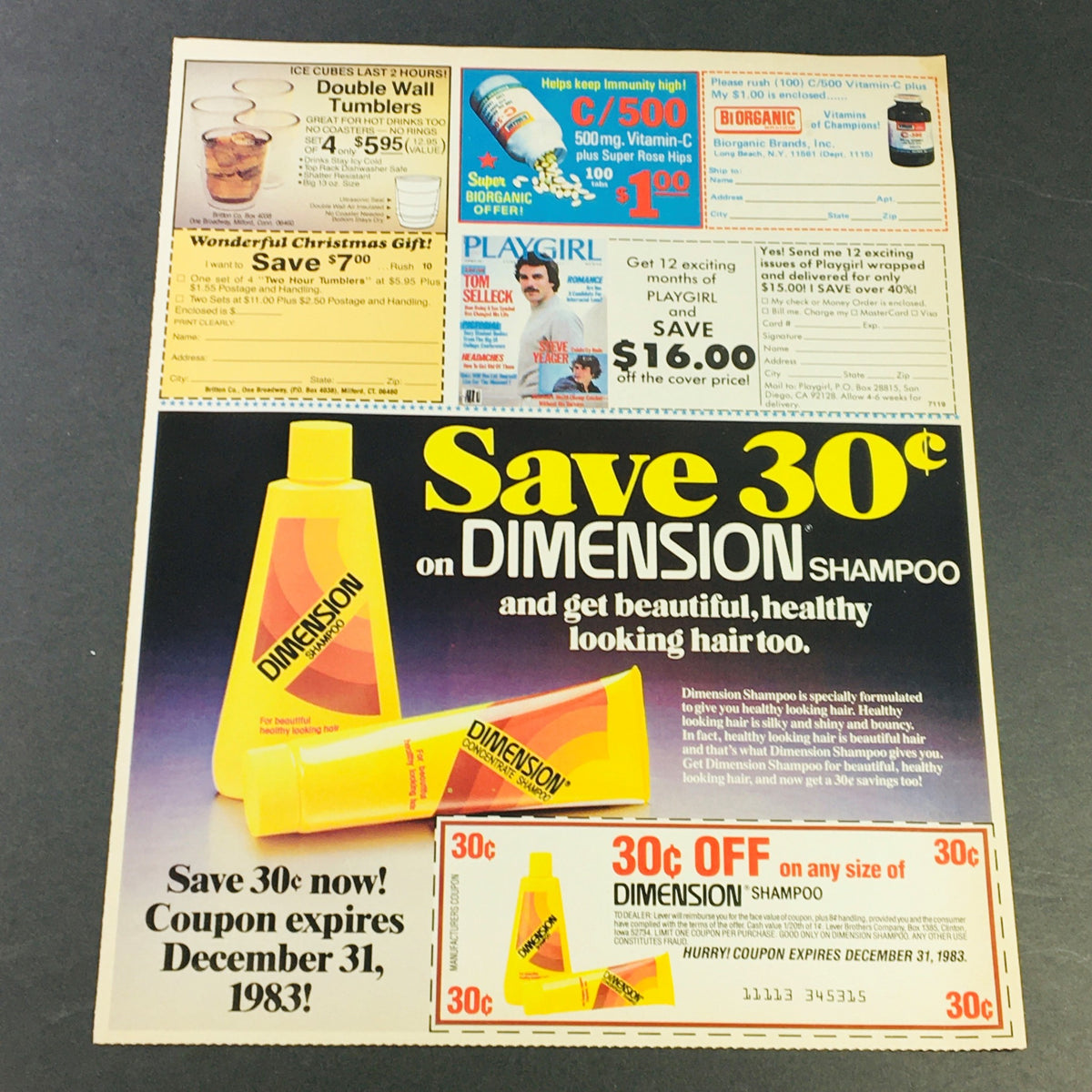 VTG Retro 1984 coupon advertisement for DIMENSION Shampoo with a 'Save 30¢ on DIMENSION Shampoo' promotion, highlighting healthy hair benefits and expiration details.