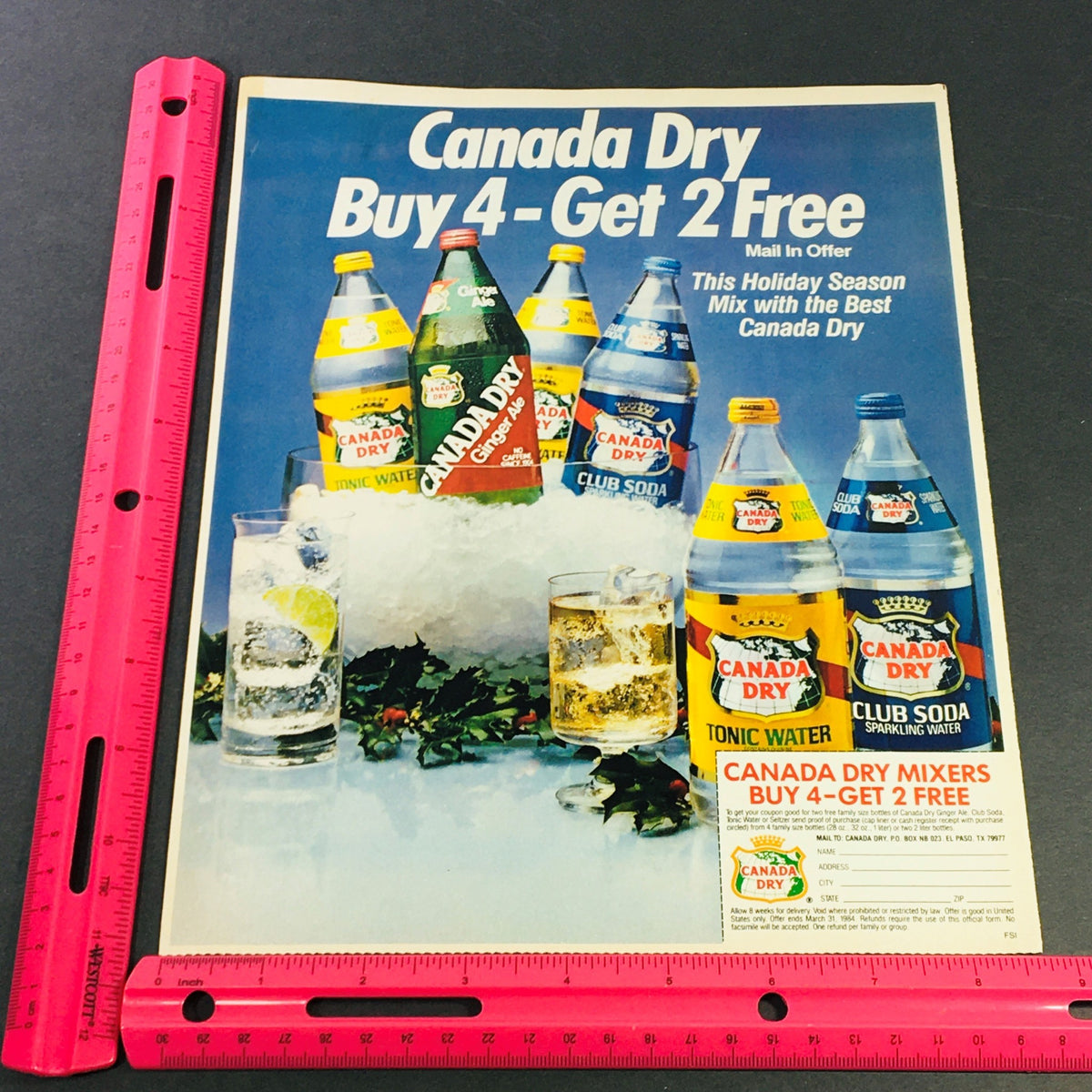VTG Retro 1984 Canada Dry Tonic Water & Club Soba Sparkling Water ad showcasing colorful beverage bottles against a background, featuring a 'Buy 4 - Get 2 Free' promotional offer.