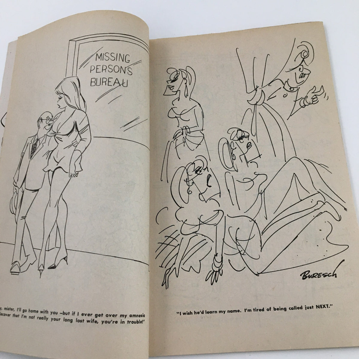 A comedic cartoon from VTG Cartoon Carnival July 1971 Vol. 9 No. 4 Charlton Joke Magazine, showing a man and woman in a playful exchange at a 'Missing Persons Bureau'.