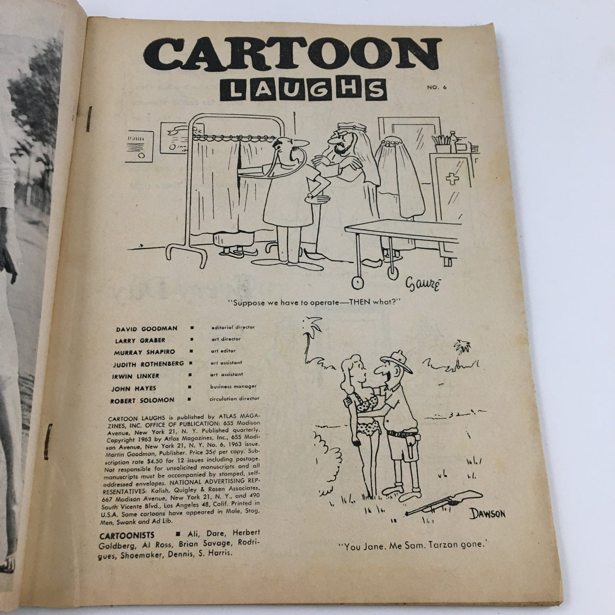 Inside page of VTG Cartoon Laughs No. 6 magazine displaying cartoon illustrations by various artists and the editorial credits.
