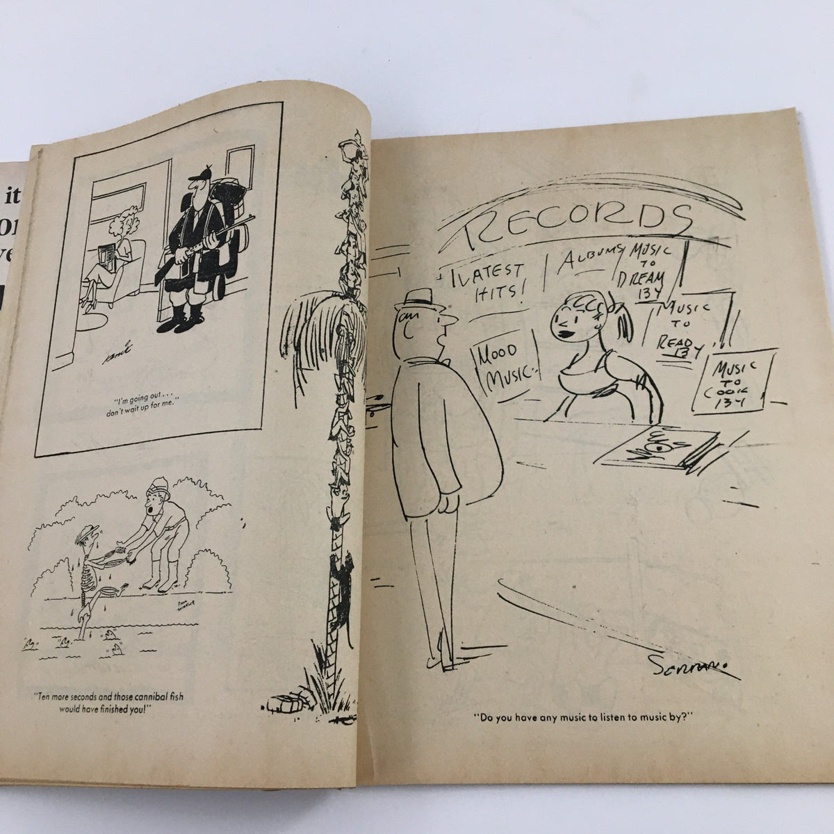Page spread from VTG Cartoon Laughs No. 6 magazine with humorous cartoons related to music and everyday life.