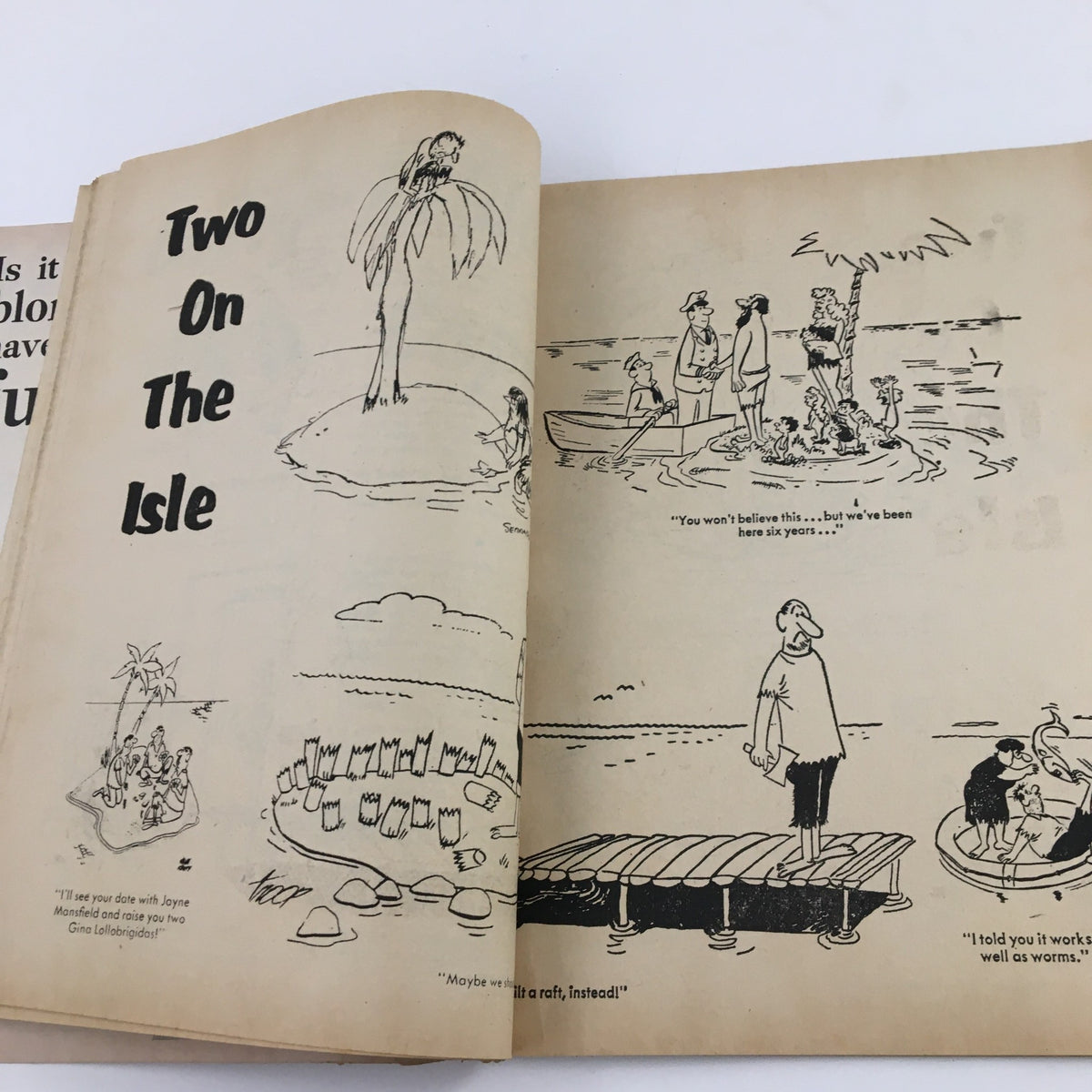Illustrations from the VTG Cartoon Laughs No. 6 magazine titled 'Two On The Isle,' featuring humorous cartoons depicting quirky island situations from 1963.