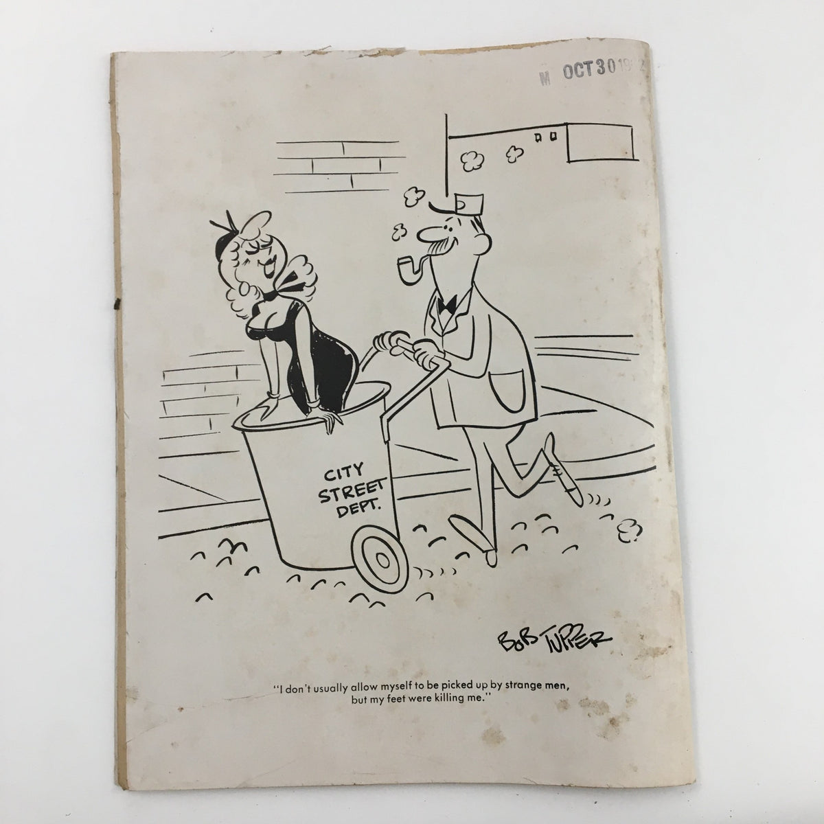 Back cover of Laugh Parade Humor Magazine January 1963, Vol. 2 No. 7, featuring a humorous cartoon with a character in a barrel and witty text accompanying it.
