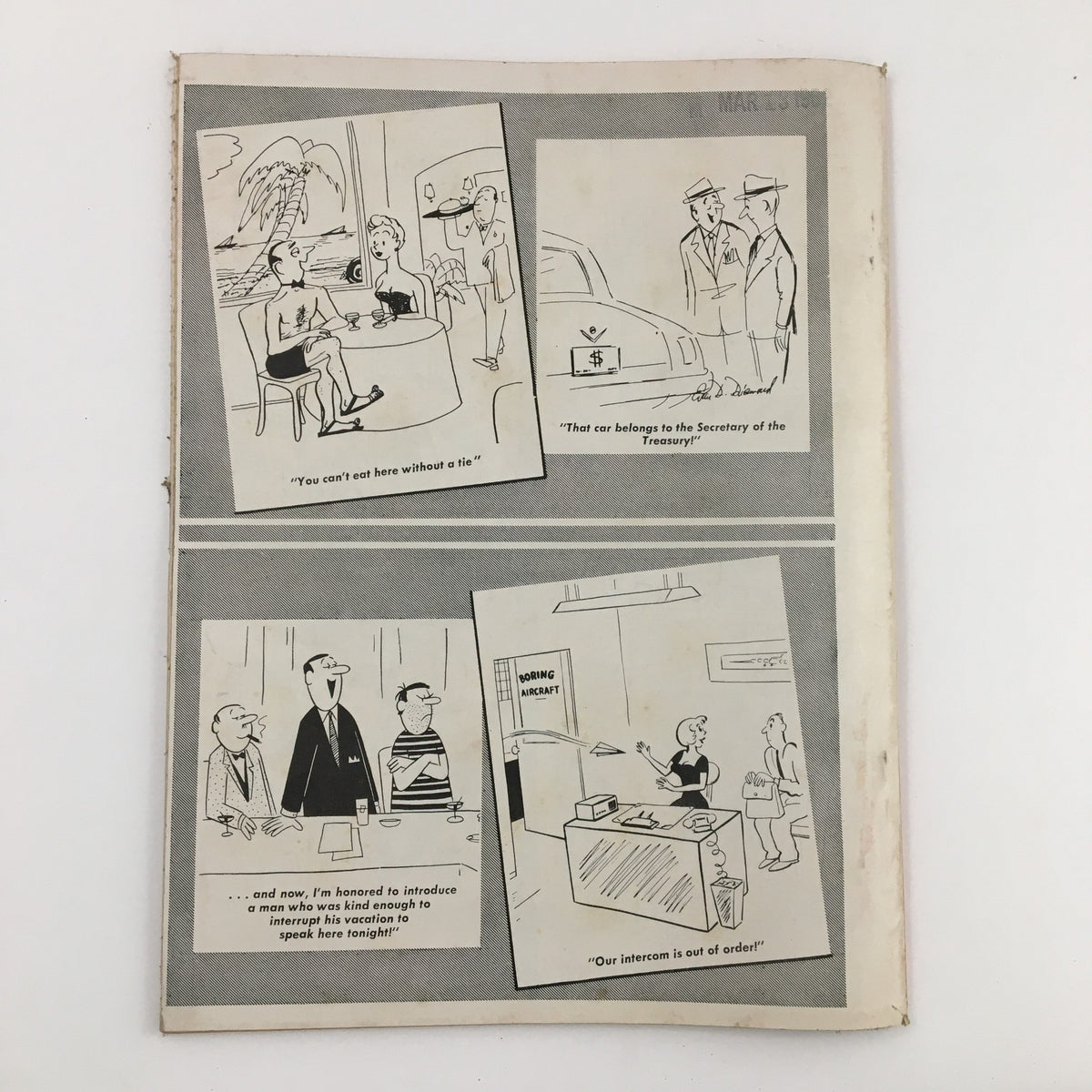 Back cover of Popular Jokes Magazine May 1962 Vol. 1 No. 4 featuring humorous illustrations and quotes portraying 1960s comedy.