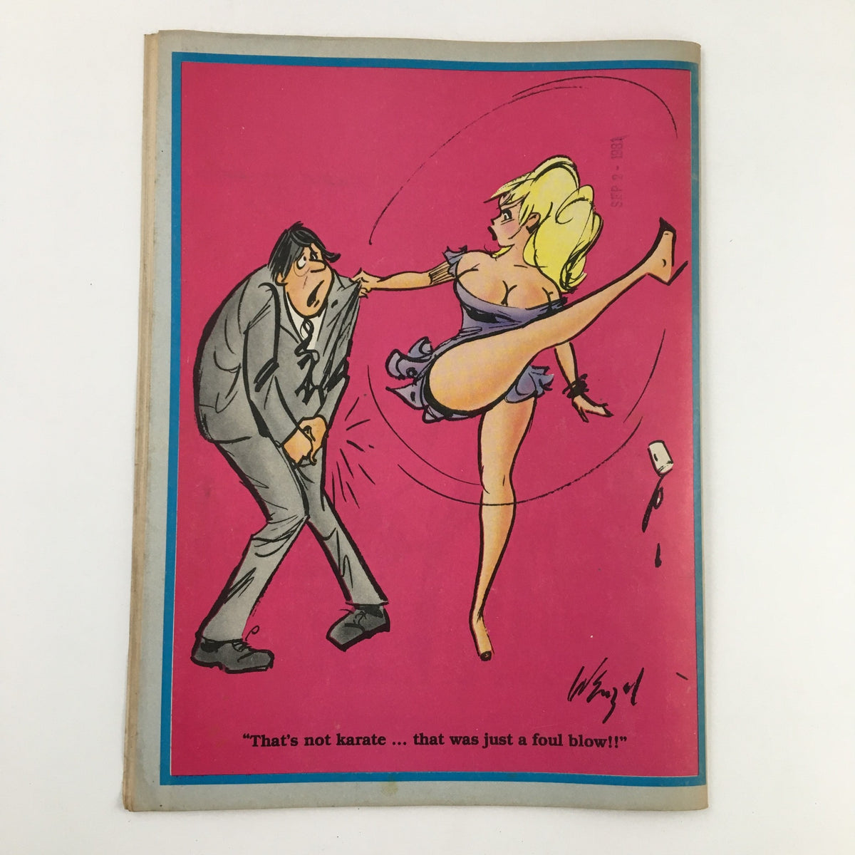 Cover illustration of Cartoon Carnival Magazine September 1981 featuring a comedic scene with a woman delivering a kicking blow, embodying the magazine's playful humor.