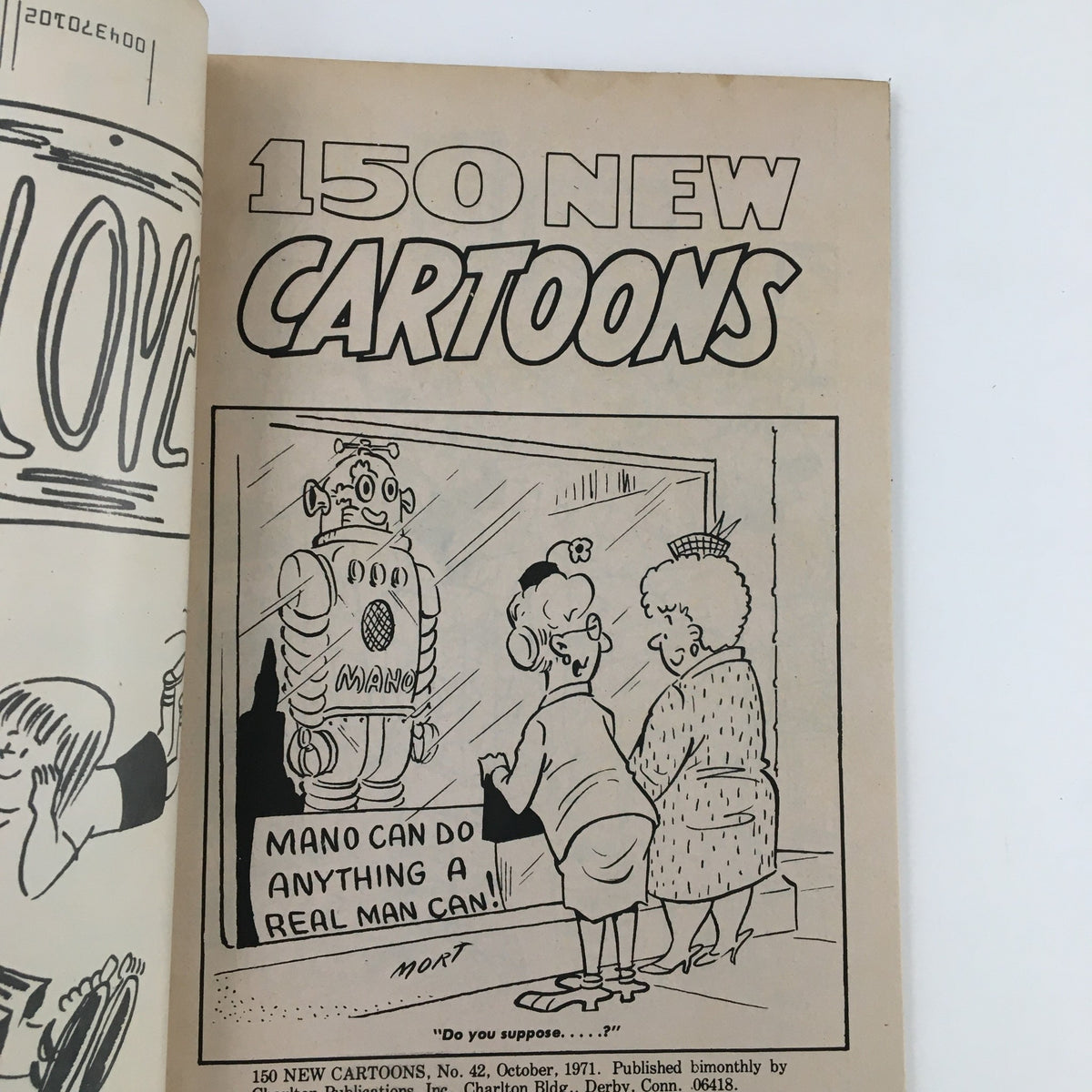 Interior page of VTG 150 New Cartoons October 1971 No. 42 Charlton Joke Magazine featuring a cartoon depicting women observing a robot and a humorous commentary.
