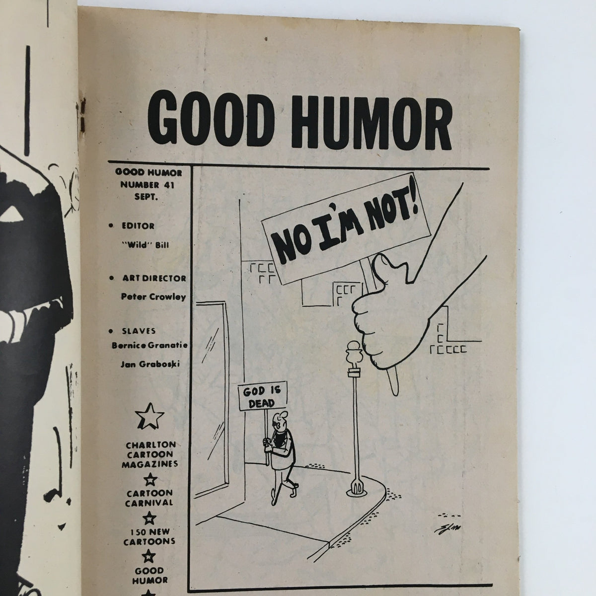 Another interior page of Good Humor September 1971 No. 41 magazine featuring a cartoon where a character responds to 'God is dead' with 'No I’m not!', illustrating satirical humor.