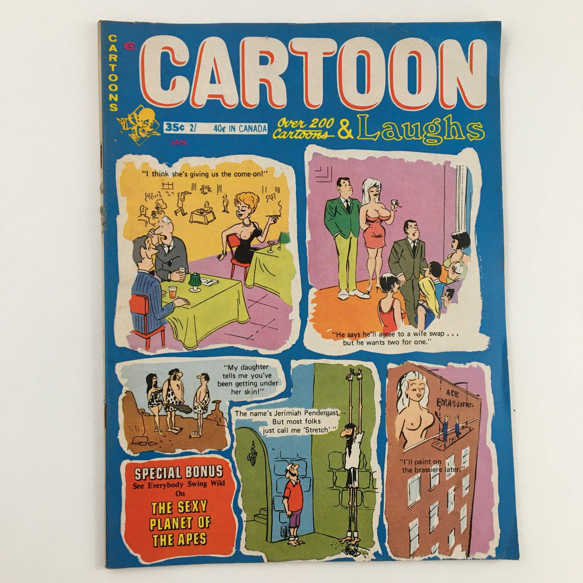 Cover of VTG Cartoon Laughs January 1971 Vol. 10 No. 1 The Sexy Planet of The Apes featuring colorful cartoon illustrations, humor about relationships, and a special bonus section.
