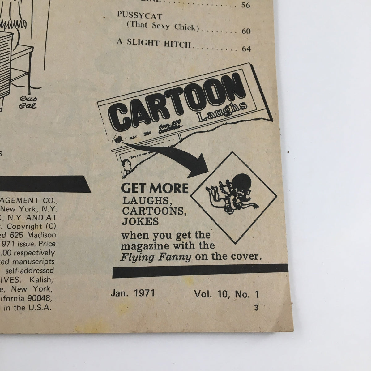 Back cover of VTG Cartoon Laughs January 1971 Vol. 10 No. 1 The Sexy Planet of The Apes displaying subscription information and a humorous cartoon ad, maintaining the magazine's playful theme.