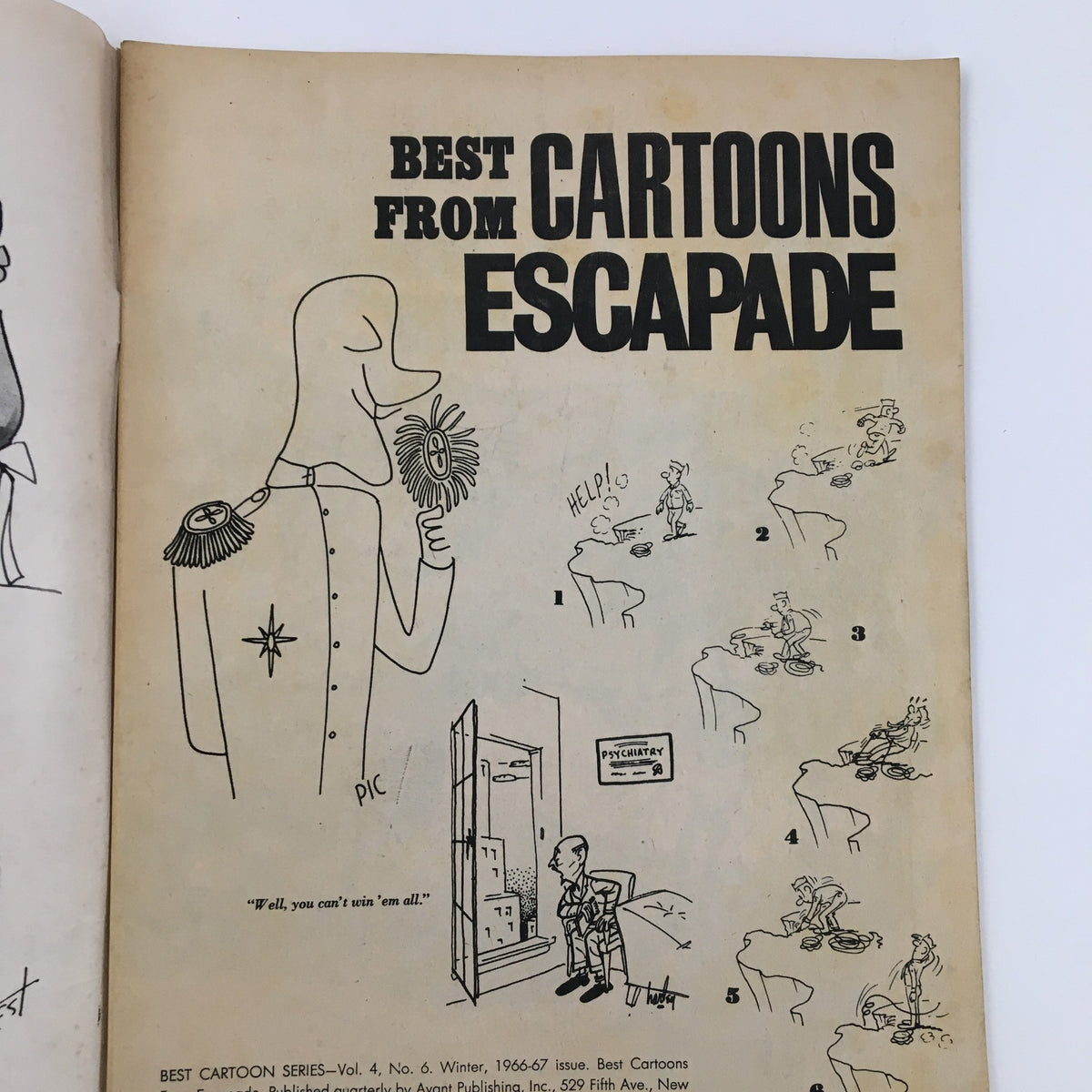 Cover illustration of Best Cartoon Series Winter 1966-1967 Vol. 4 No. 6 Escapade's Zaniest Humor showcasing a playful graphic design and the title prominently displayed.