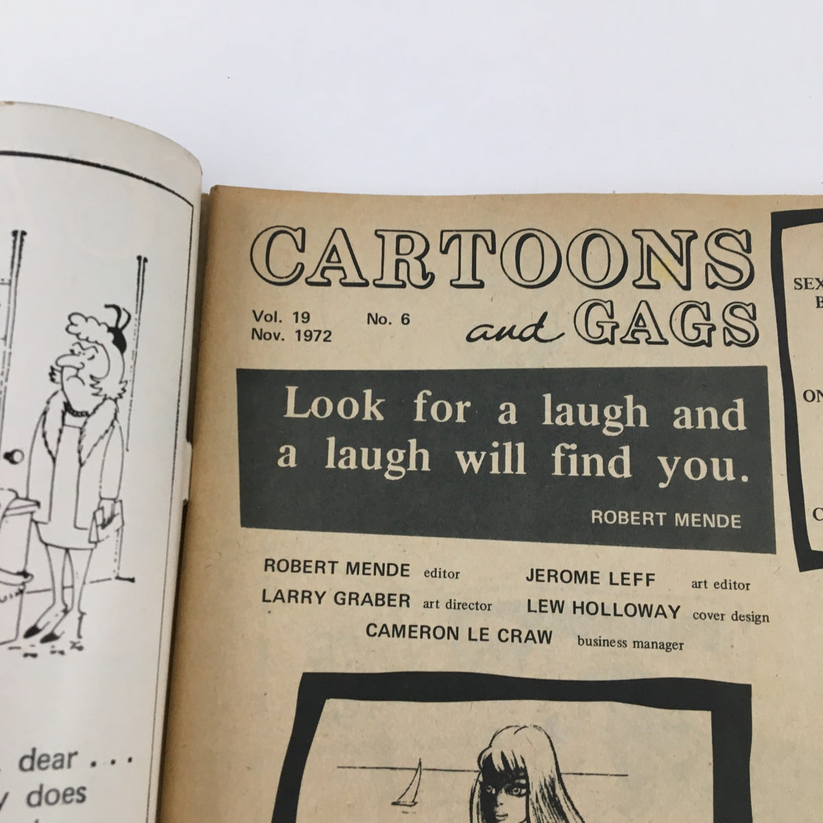 Cover page of Cartoons & Gags November 1972 Vol. 19 No. 6 featuring humorous cartoons and the phrase 'Look for a laugh and a laugh will find you'.