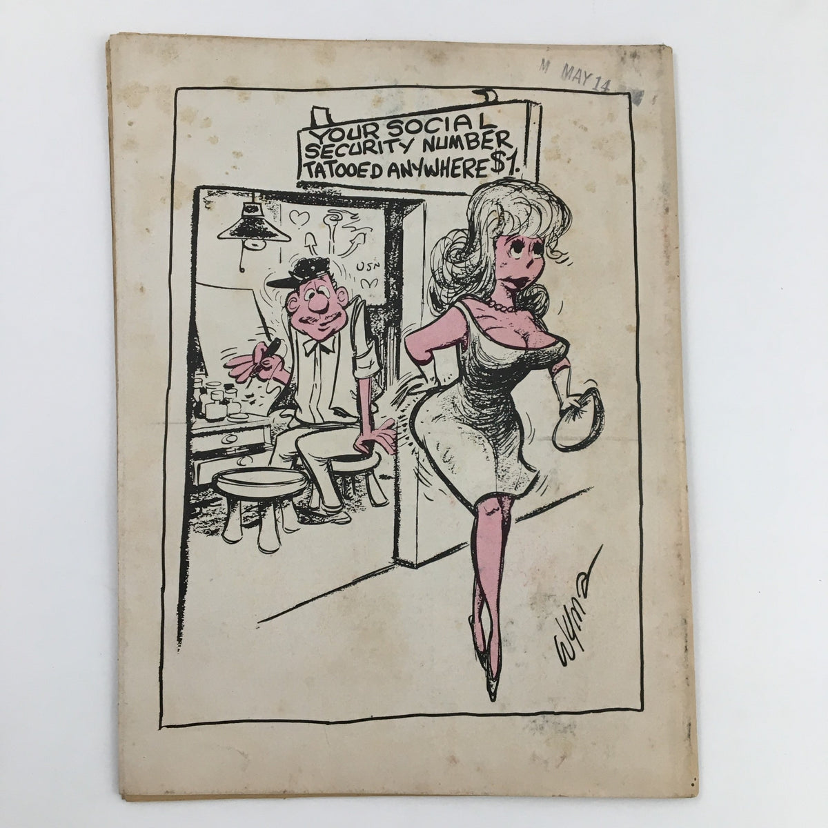 Cover illustration from 'French Cartoons and Cuties' August 1964, Vol. 1 No. 37, featuring a playful cartoon of a woman in a dress walking towards a salon with a humorous sign about tattooing social security numbers.