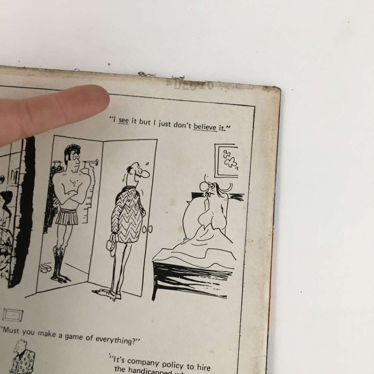 Close-up of the back cover illustration from Cartoon Capers February 1971 Vol. 6 No. 1, including a humorous comic dialogue featuring a character in a quirky outfit, exemplifying 1970s artistic expression and humor.
