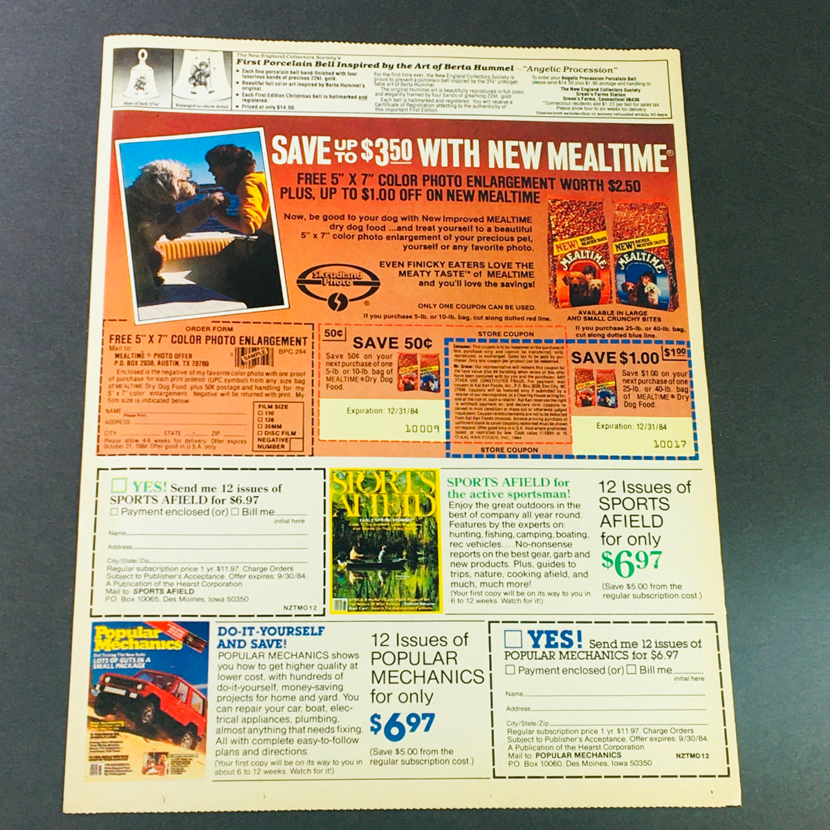 Vintage advertisement from 1984 promoting Mealtime dog food with a coupon to save up to $3.50, featuring a photo offer and various subscription offers, presented in an appealing retro style.