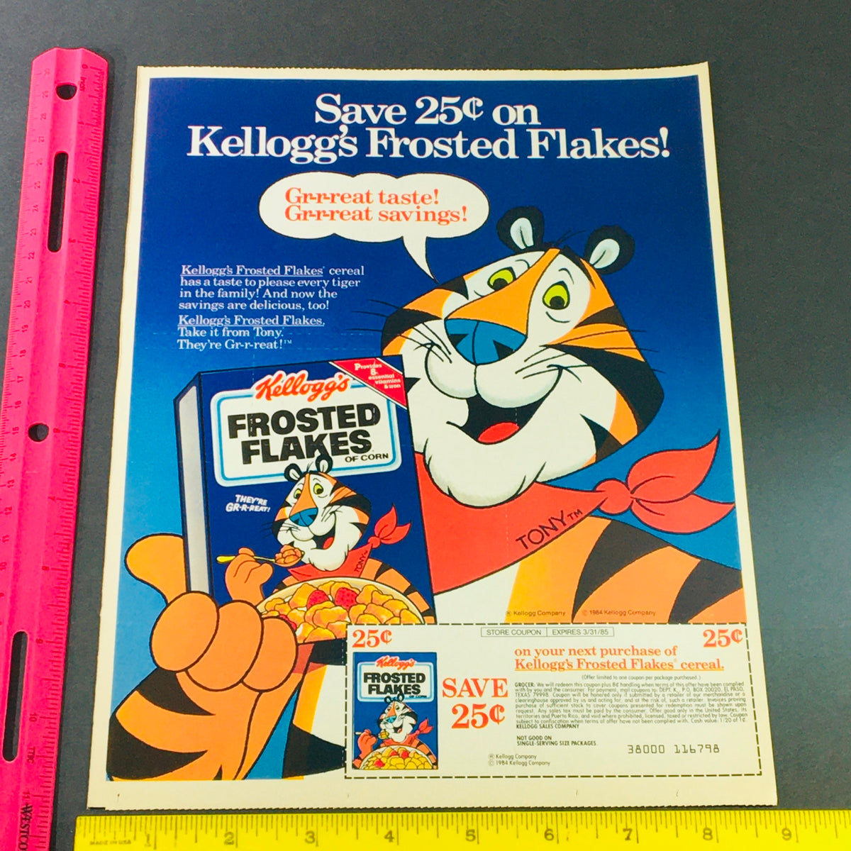 VTG Retro 1984 Kellogg's Frosted Flakes Cereal & Mealtime Crunchy Bite Ad Coupon featuring Tony the Tiger, showcasing a promotion to save 25 cents on Kellogg's Frosted Flakes. The advertisement includes vibrant graphics and text highlighting the delicious taste and attractive savings.
