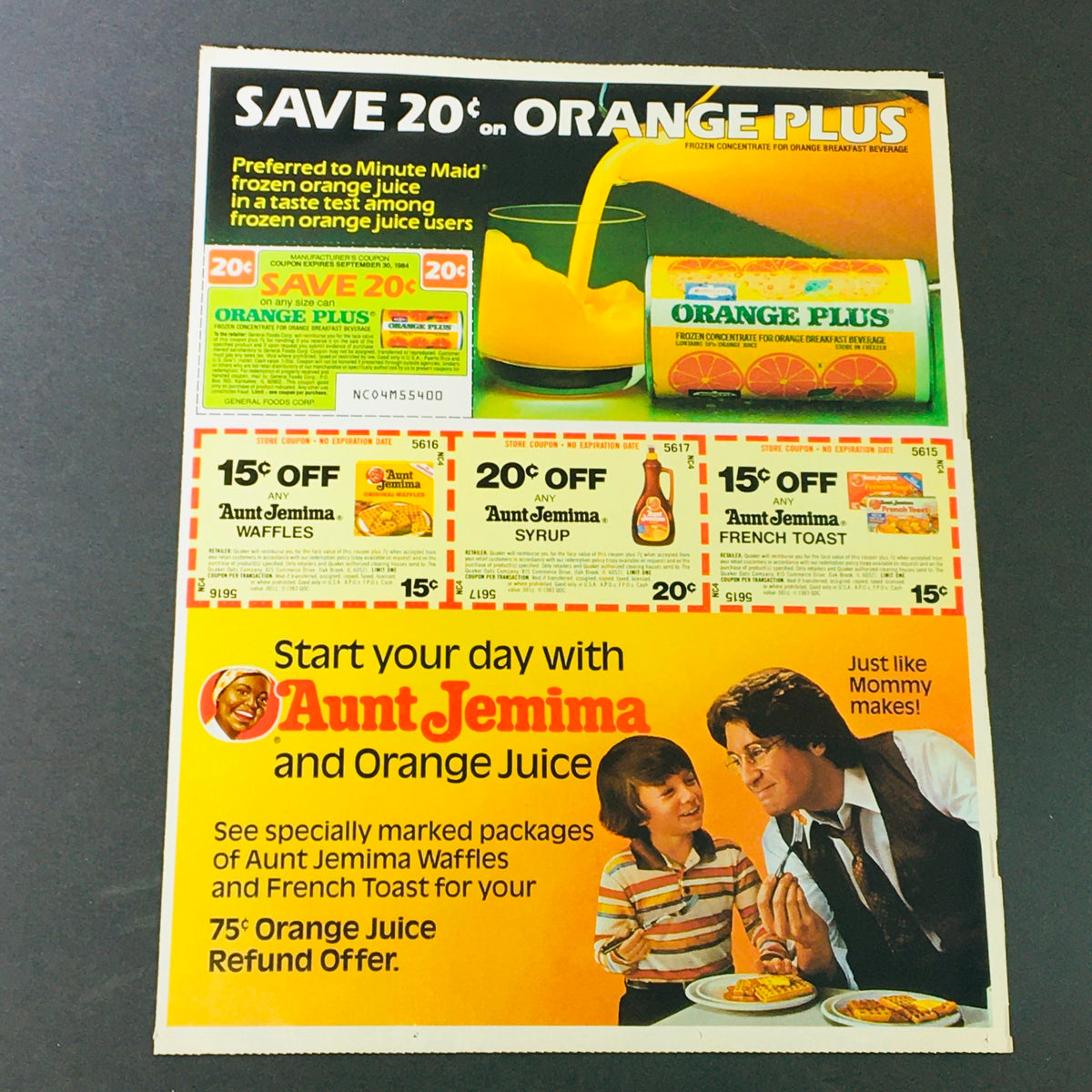 VTG Retro 1983 Aunt Jemimas and Orange Juice advertisement featuring coupons for 20 cents off Orange Plus juice, 15 cents off Aunt Jemima Waffles and French Toast, and 20 cents off Aunt Jemima Syrup. Ideal for vintage magazine collectors.