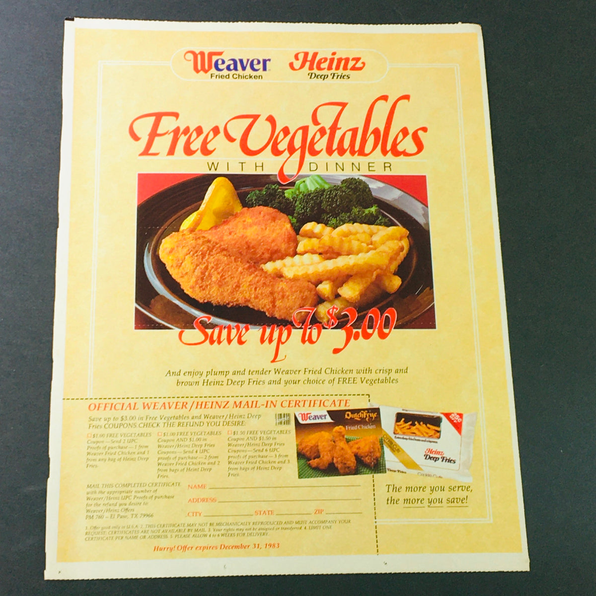 VTG Retro 1983 advertisement for Weaver Fried Chicken and Heinz Deep Fries, promoting free vegetables with dinner. Perfect for vintage advertising enthusiasts.