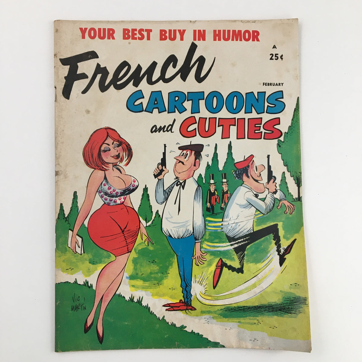 Cover of French Cartoons and Cuties February 1965 Vol. 1 No. 40 featuring a colorful illustration of a woman and humorous characters with the tagline 'Cute But Eats Like Horse'.