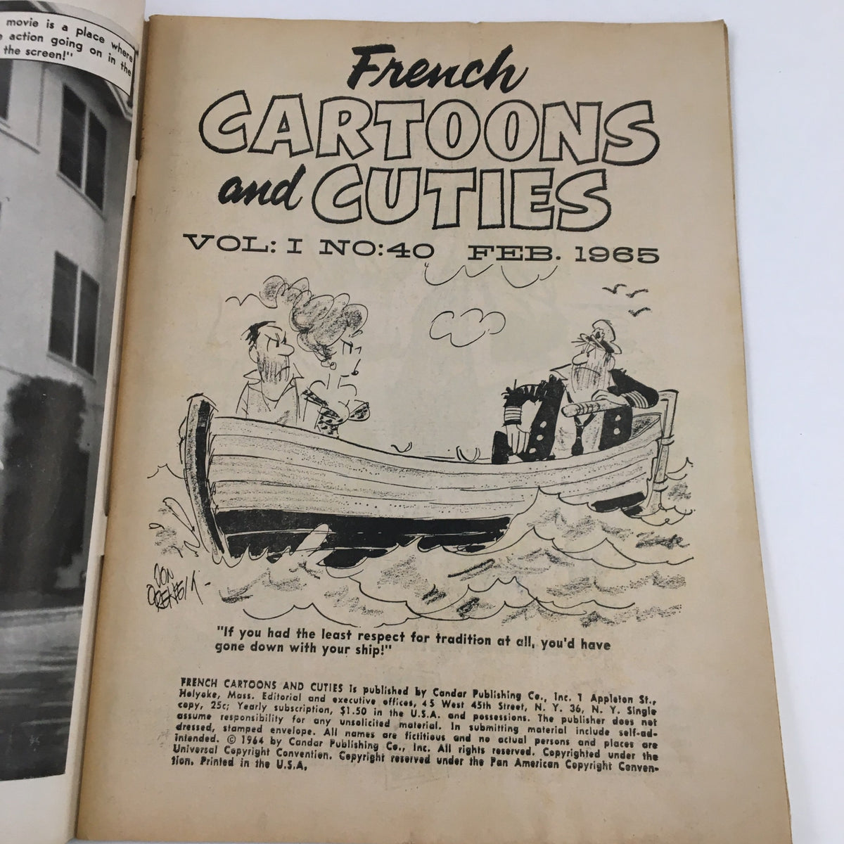 Interior page of French Cartoons and Cuties February 1965 Vol. 1 No. 40 displaying a cartoon featuring characters in a boat, demonstrating the magazine's humor style.