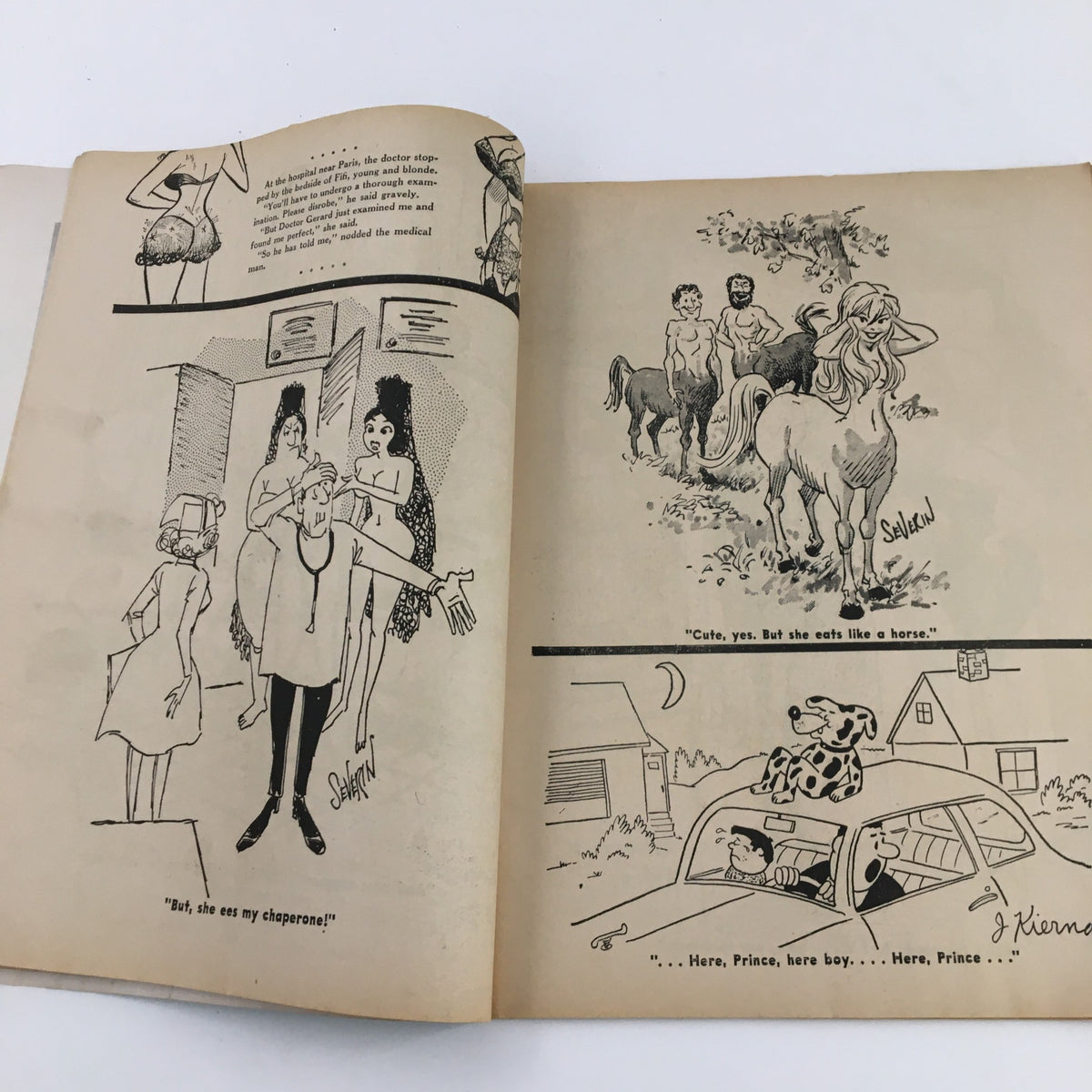 Another interior page from French Cartoons and Cuties February 1965 Vol. 1 No. 40 showcasing several cartoons with witty captions, including the phrase 'Cute, yes. But she eats like a horse.'