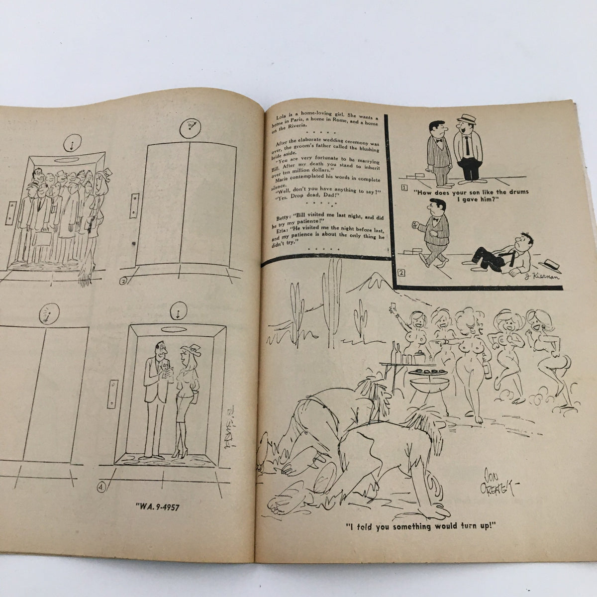Another interior page of 'French Cartoons and Cuties February 1965 Vol. 1 No. 40 Cute But Eats Like Horse' featuring comical cartoon depictions and witty dialogues.