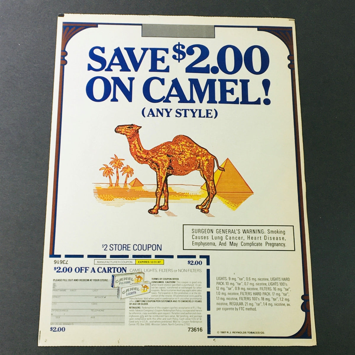 VTG Retro 1987 Reynolds Tobacco Co. Caramel & Fleischmann Margarine Ad Coupon featuring a camel illustration and a $2.00 coupon offer, in excellent condition with protective covering, measuring 11.4" x 8.8".