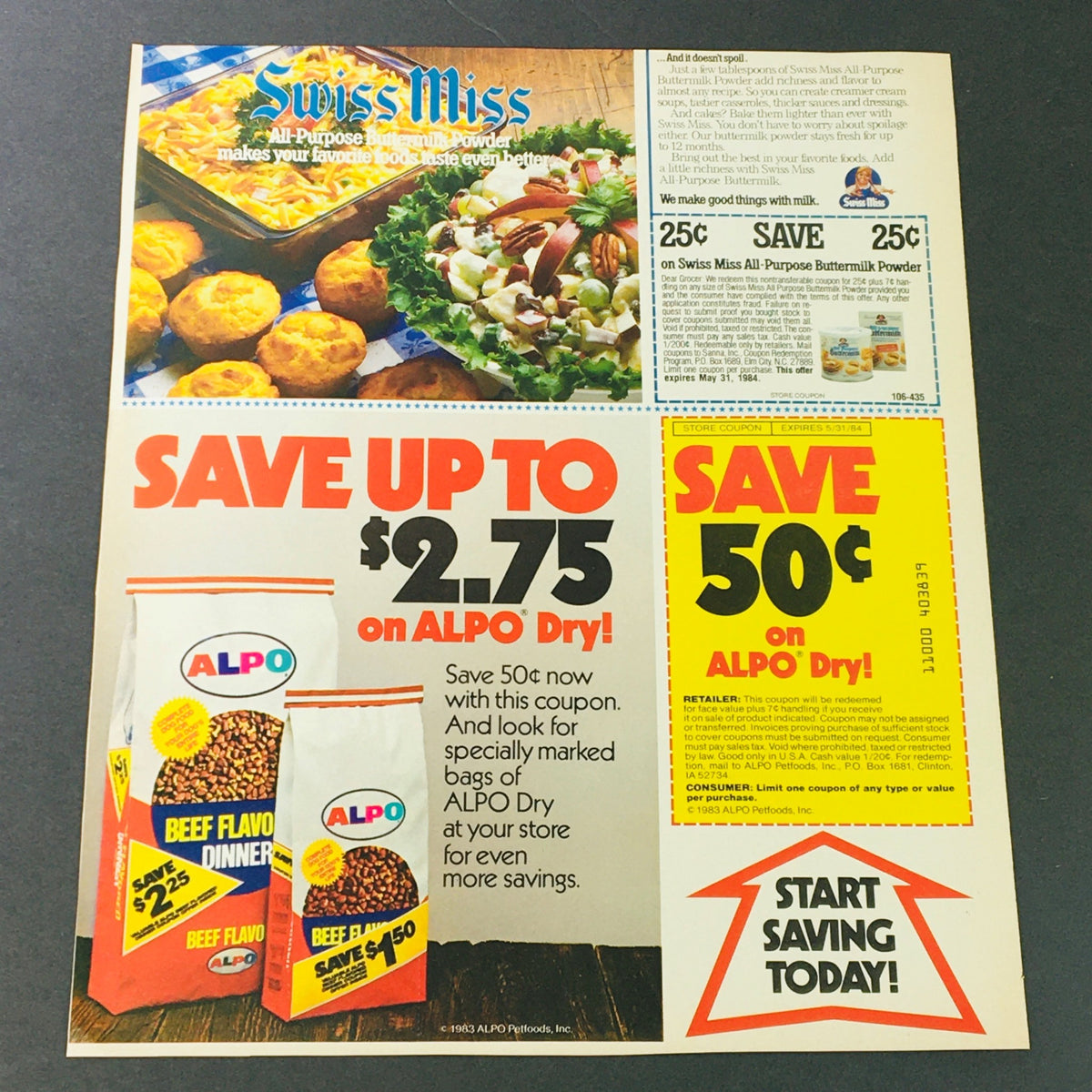 VTG Retro 1984 Chex Crispy Oatmeal Raisin & Alpo Beef Flavor Dog Food Ad Coupon showcasing Swiss Miss and Alpo offers with a colorful layout and savings highlights.