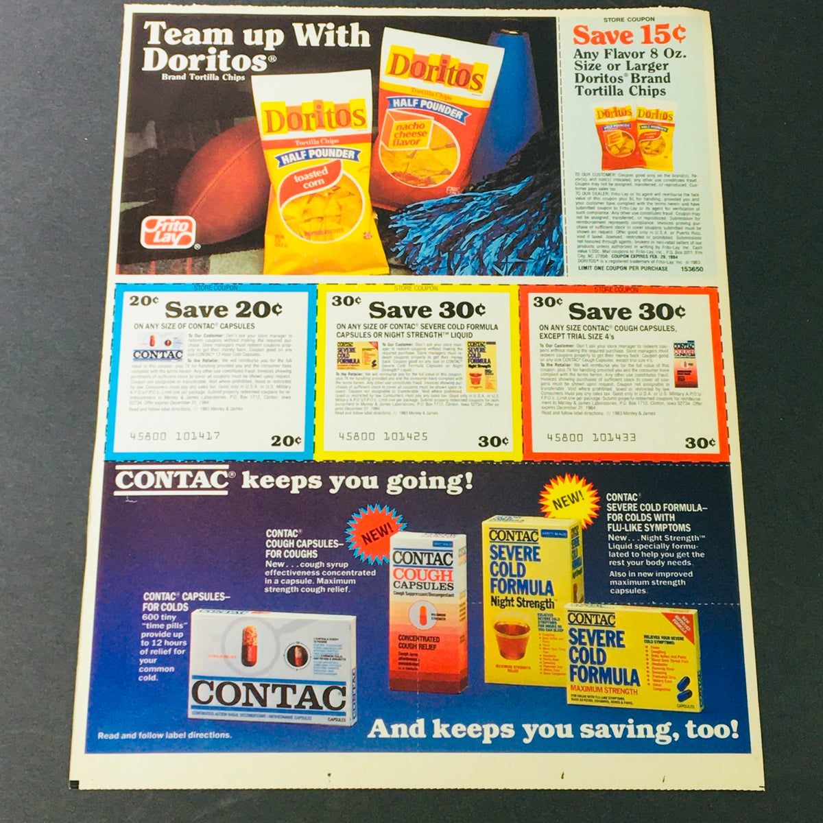 VTG Retro 1984 Swift International Entree Chicken and Turkey Recipes Ad Coupon showcasing an advertisement with Doritos and Contac products, promoting savings alongside creative visuals, highlighting retro marketing from the 1980s.