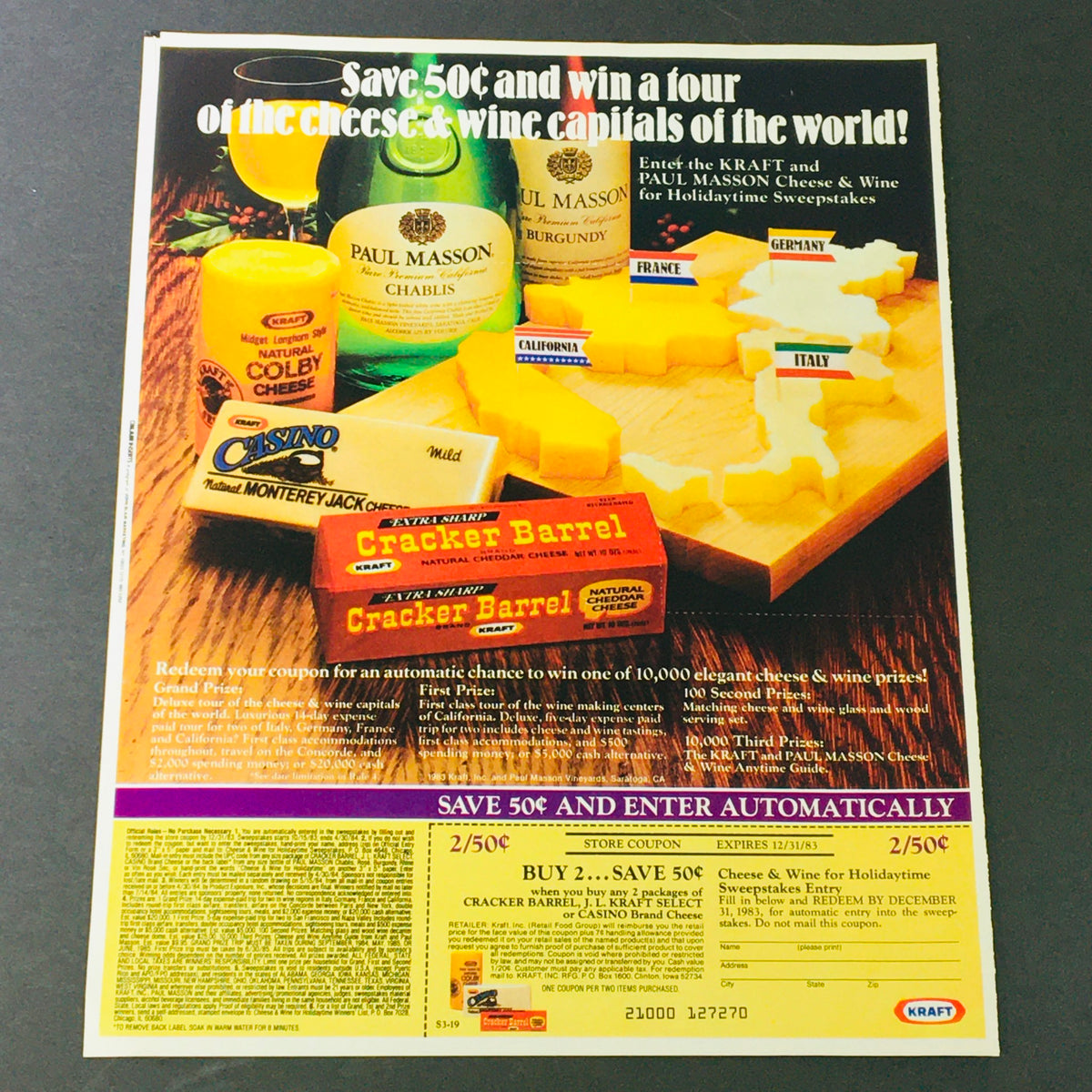 Vintage 1983 Kraft Cracker Barrel Cheese advertisement showing cheese products and a promotion to win a tour of cheese and wine capitals. Features vibrant visuals and nostalgic appeal, perfect for collectors.