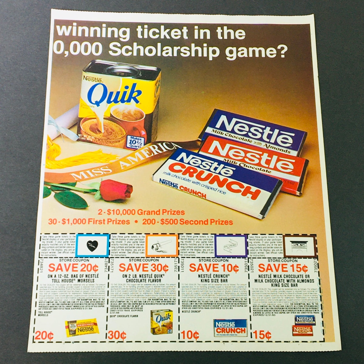 VTG Retro 1983 Nestle Quik, Nestle Crunch & Nestle Milk Chocolate Ad Coupon featuring Nestle products and promotional details, in excellent condition.