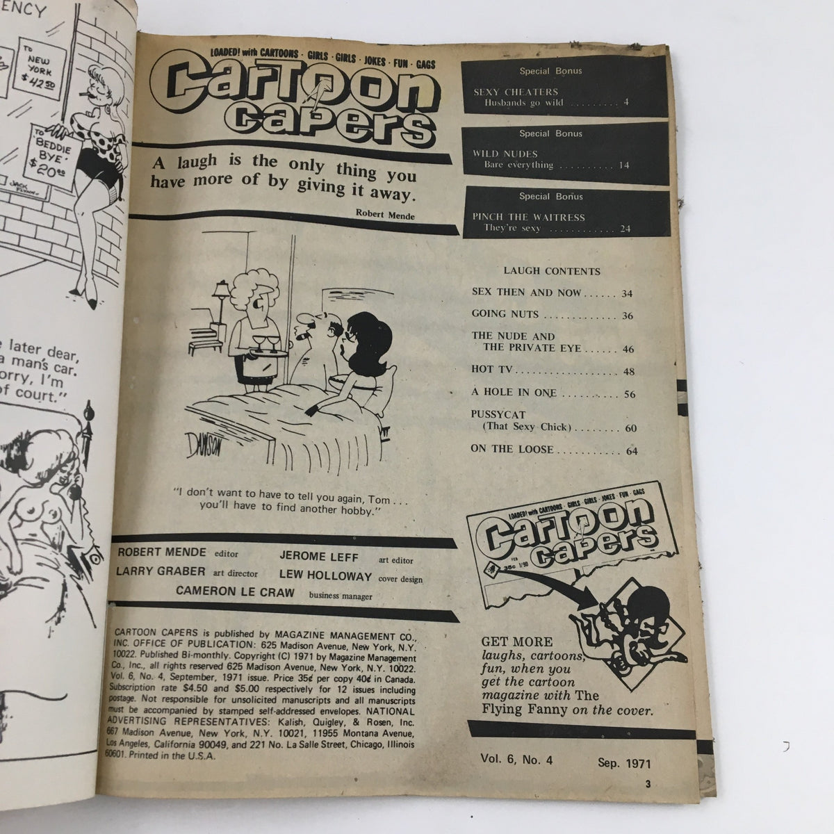 Table of contents of Cartoon Capers September 1971 Vol. 6 No. 4 Pinch The Waitress Comic Magazine highlighting featured cartoon stories and articles.