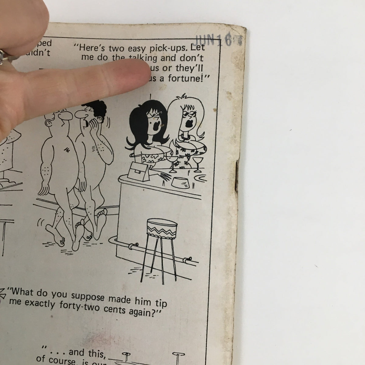 Close-up of back cover of Cartoon Capers September 1971 Vol. 6 No. 4 Pinch The Waitress Comic Magazine highlighting cartoon characters and witty dialogue.