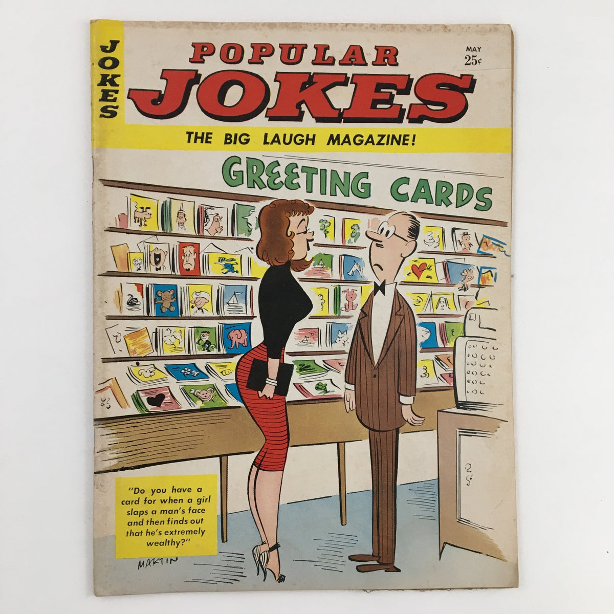 Cover of Popular Jokes Laugh Magazine May 1963 featuring a humorous scene about greeting cards, showcasing a stylish woman and a surprised man.