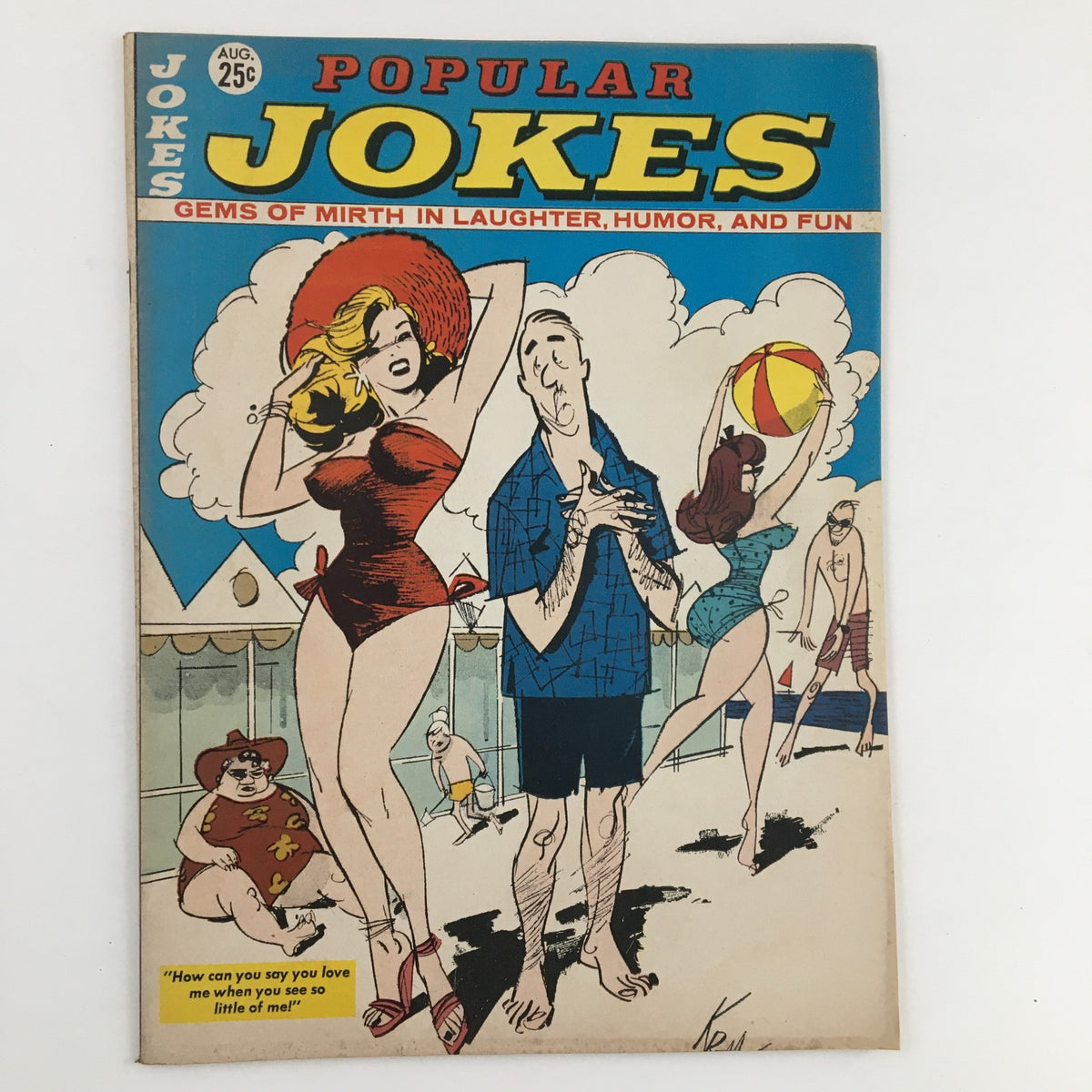 Cover of Popular Jokes Laugh Magazine August 1964 featuring colorful illustrations of people at the beach, including a man in a blue suit and playful characters, highlighting the humor and vibrant culture of the 1960s.