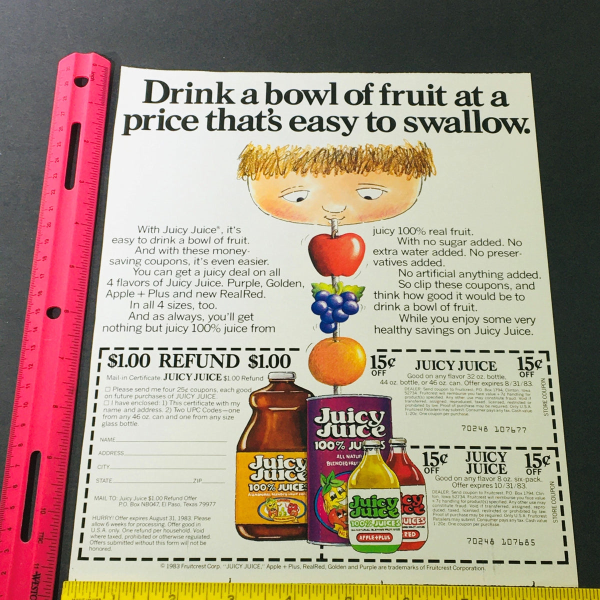 VTG Retro 1983 Juicy Juice All Natural Flavor & Keebler Peanut Butter Ad Coupon displaying a catchy slogan about drinking fruit juice, with detailed coupon offers for Juicy Juice.