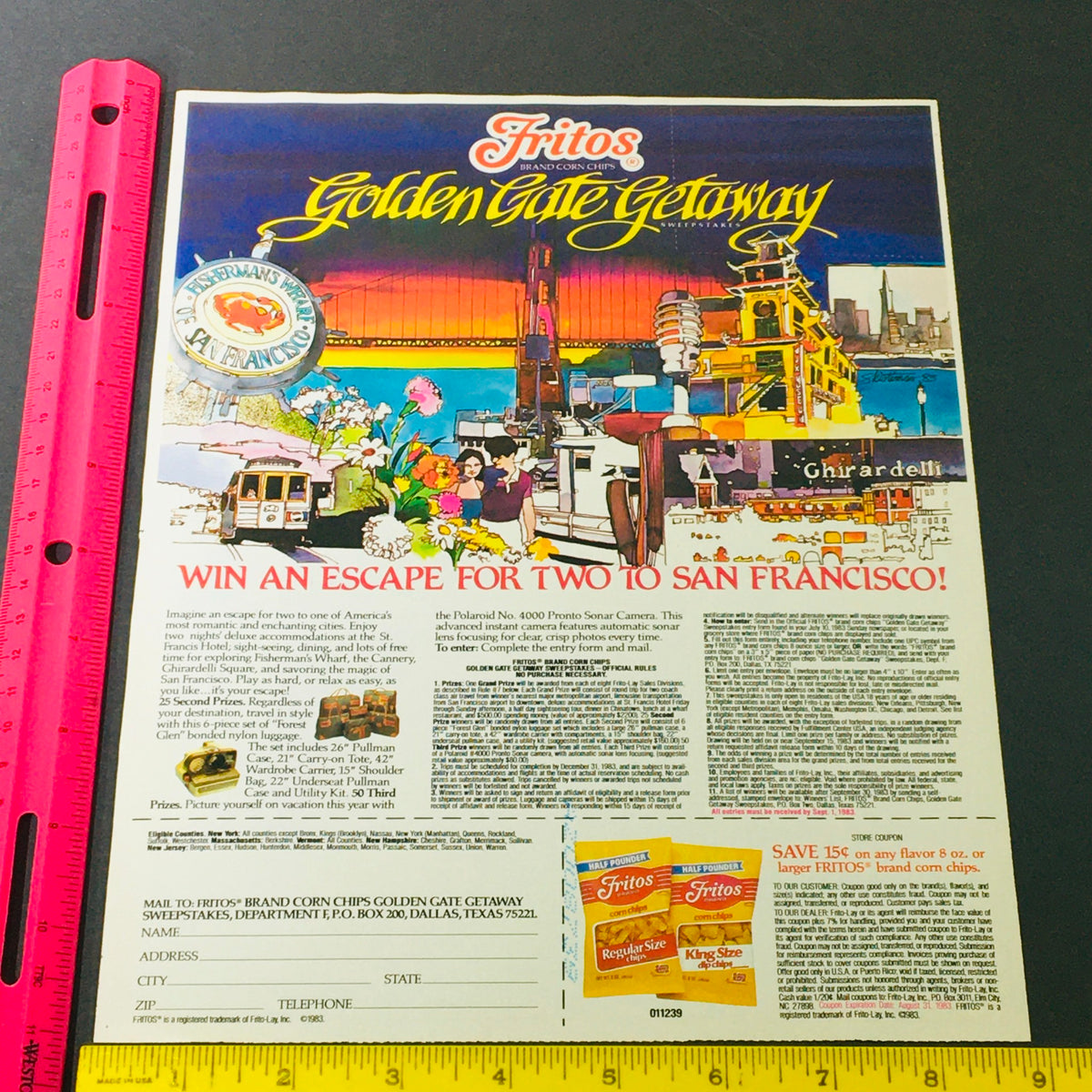 VTG Retro 1983 Fritos Golden Gate Getaway For 2 to San Francisco Ad Coupon showcasing colorful imagery of the Golden Gate Bridge and local attractions, in excellent condition with protective covering.