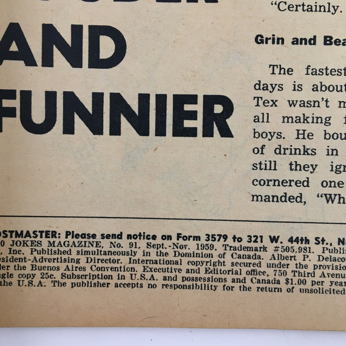 Back cover section of 1000 Jokes Magazine No. 91 September 1959 displaying publication details and advertisements of the era.