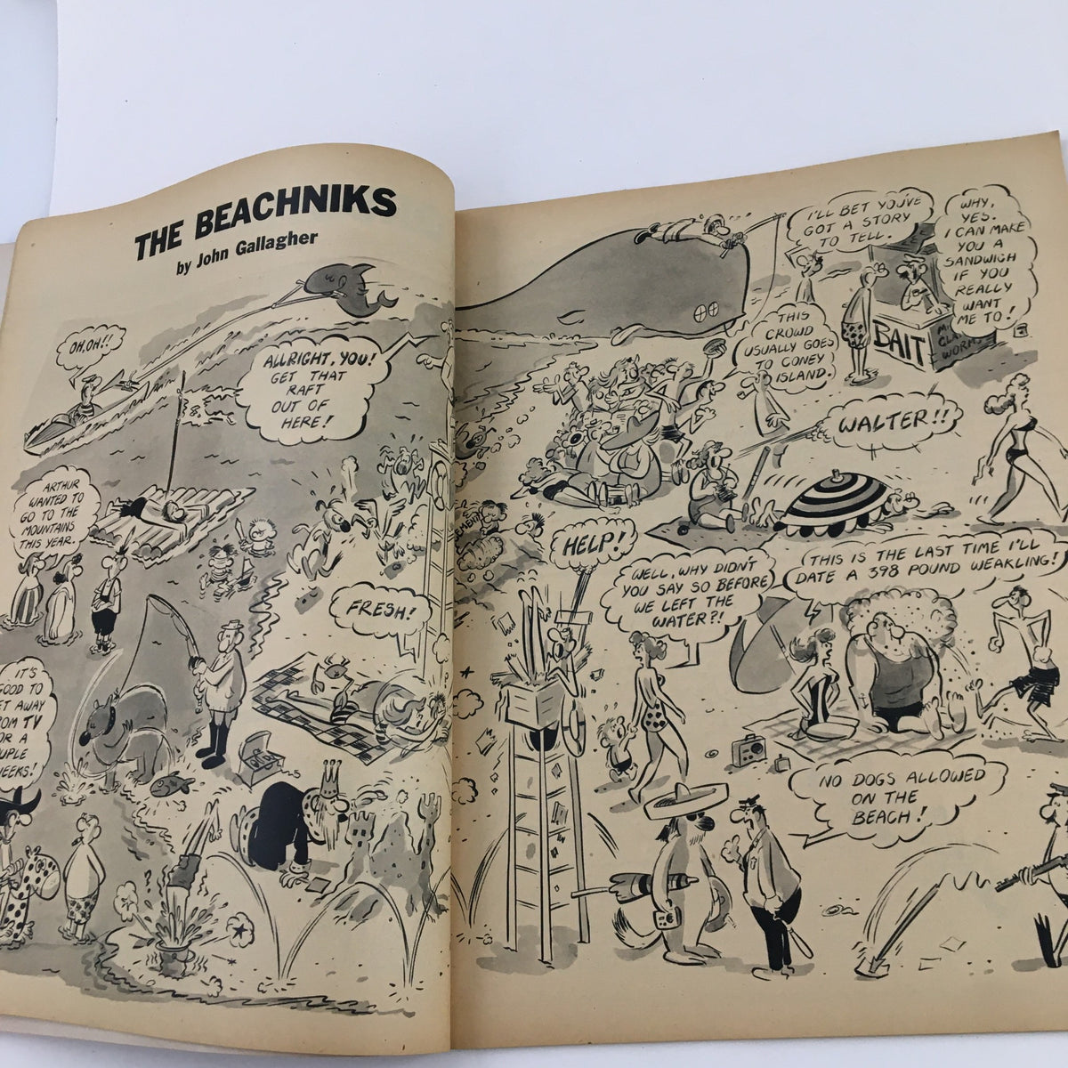 Inside double-page spread of 1000 Jokes Magazine No. 91 September 1959 featuring a comedic comic strip titled 'The Beachniks' with various characters.