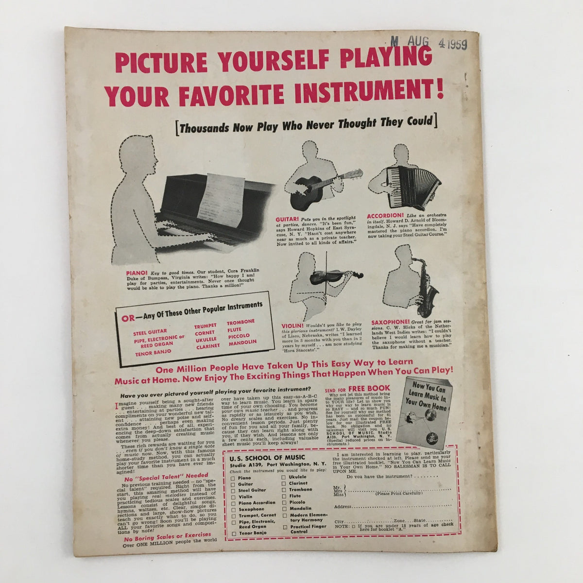 Back cover of 1000 Jokes Magazine No. 91 September 1959 advertising music lessons with illustrations of various musical instruments.